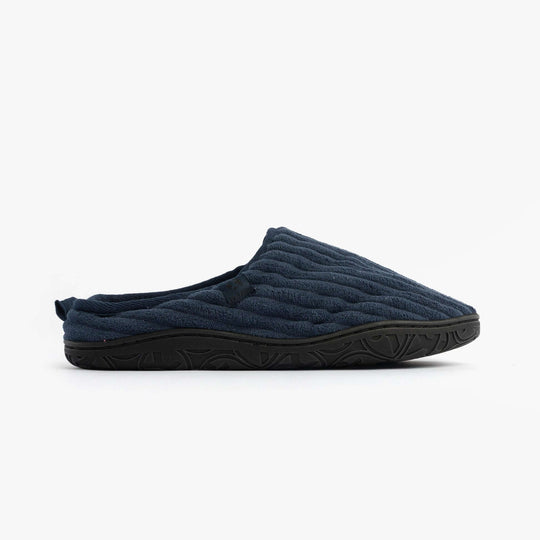Bedroom Athletics JAMIE Mens Mule Slippers Navy side view showing quilted textile upper and rubber sole.
