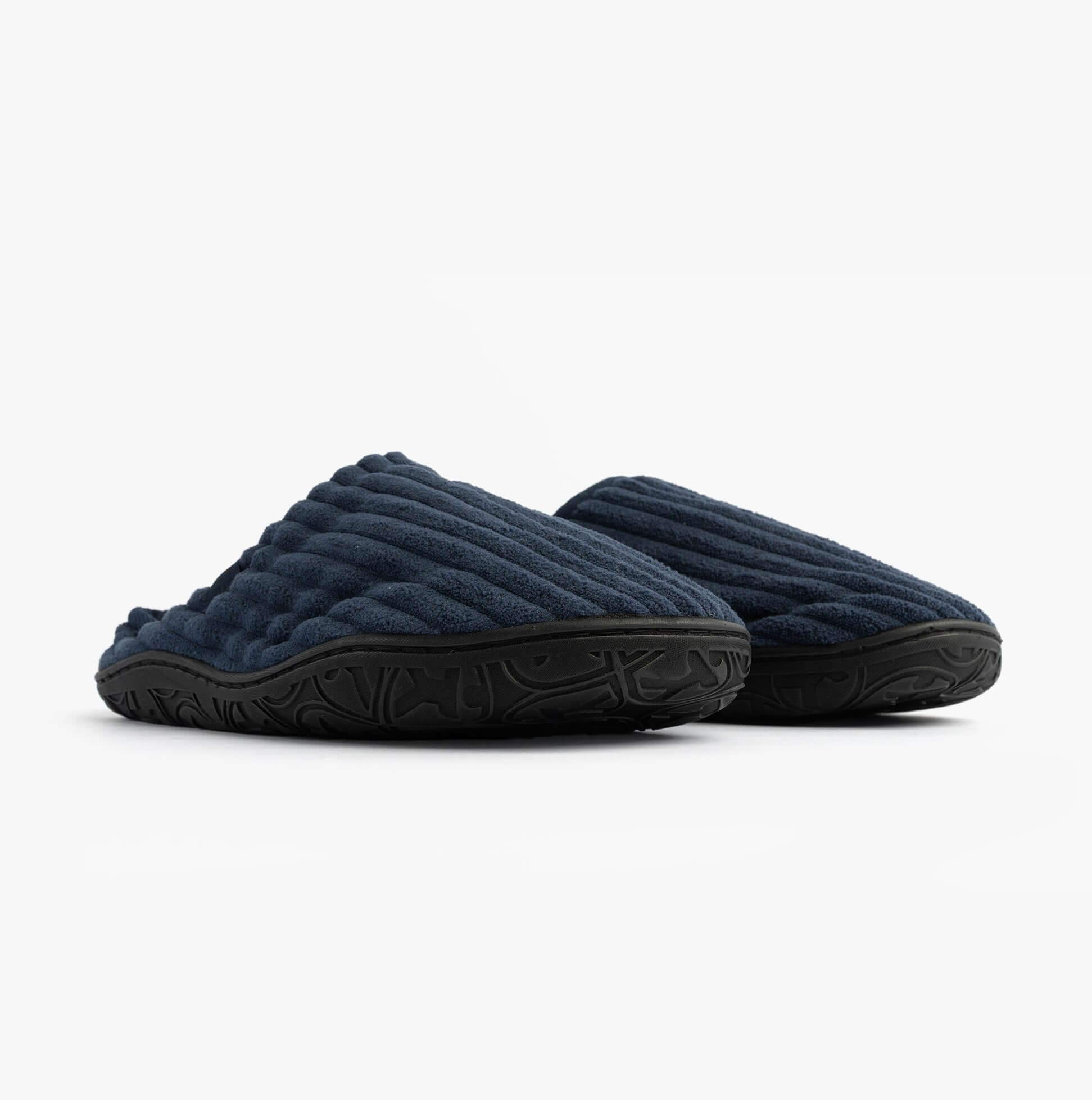 Bedroom Athletics JAMIE Mens Mule Slippers Navy side view showcasing the textured textile upper and rubber sole.