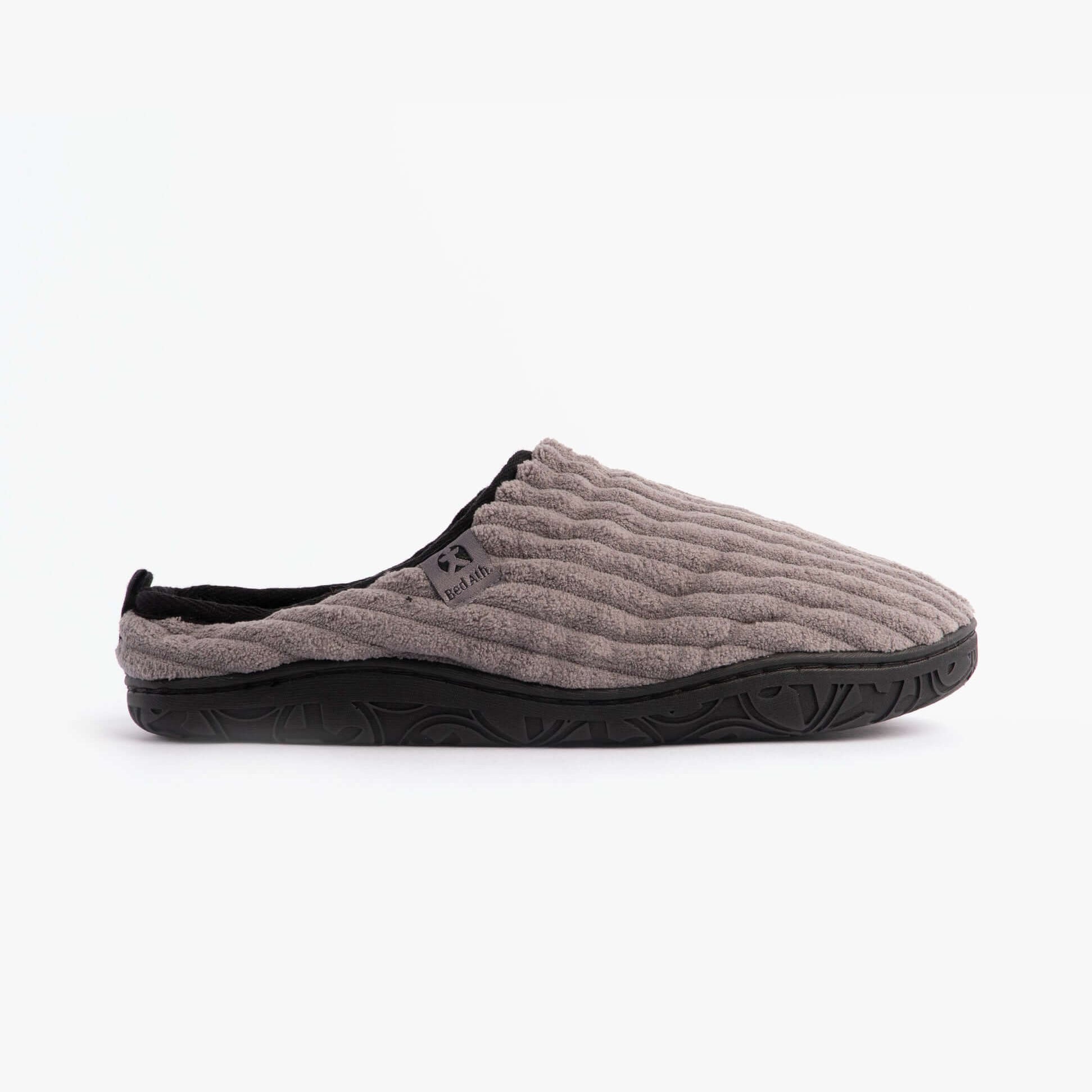 Bedroom Athletics JAMIE Mens Mule Slippers Grey side view showing soft textile upper and rubber sole