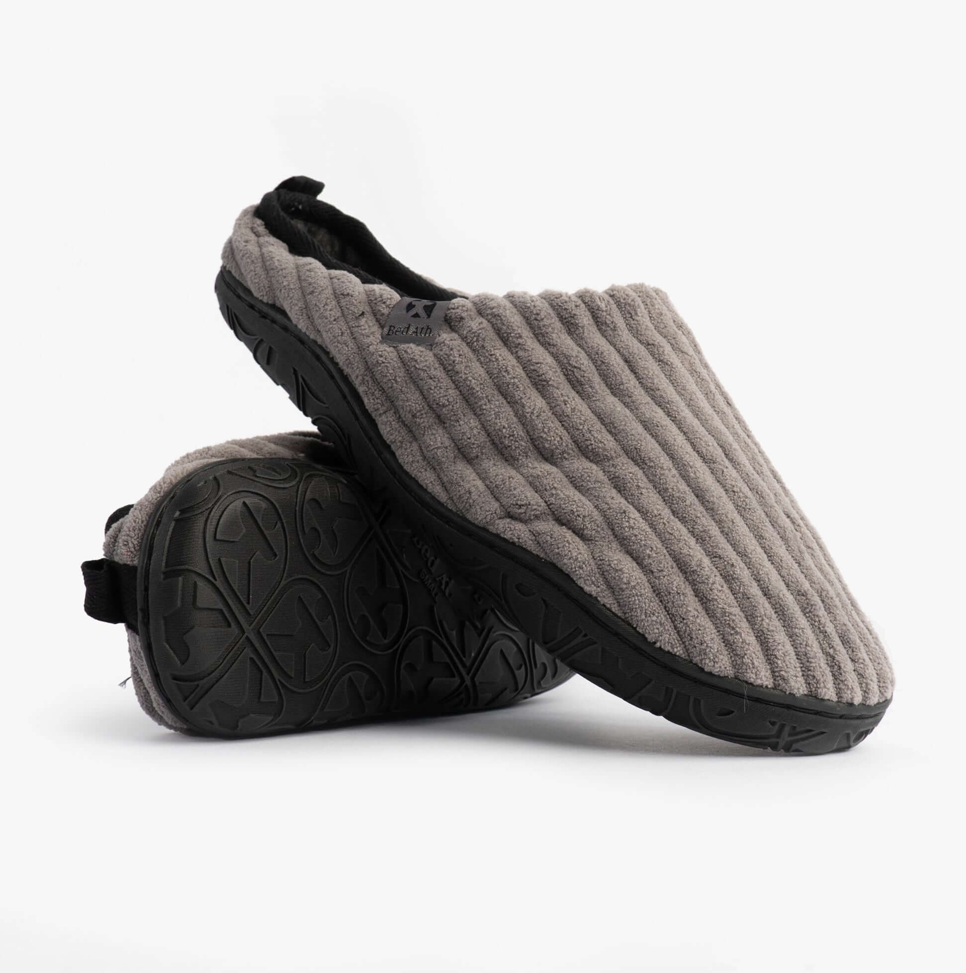 Bedroom Athletics JAMIE Mens Mule Slippers Grey side view with textured upper and rubber sole.