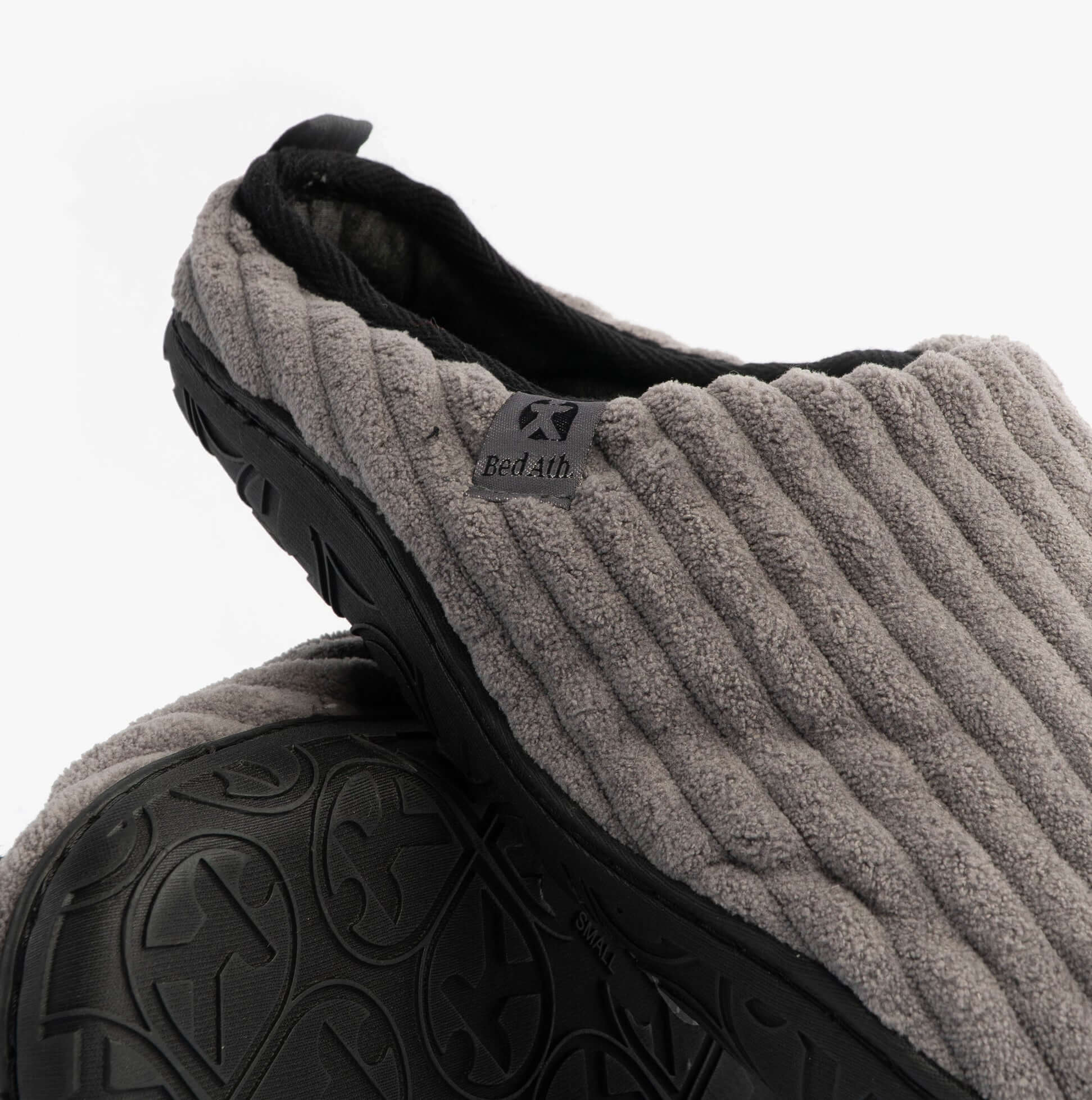 Bedroom Athletics JAMIE Mens Mule Slippers Grey detail view showcasing textured upper and rubber sole.