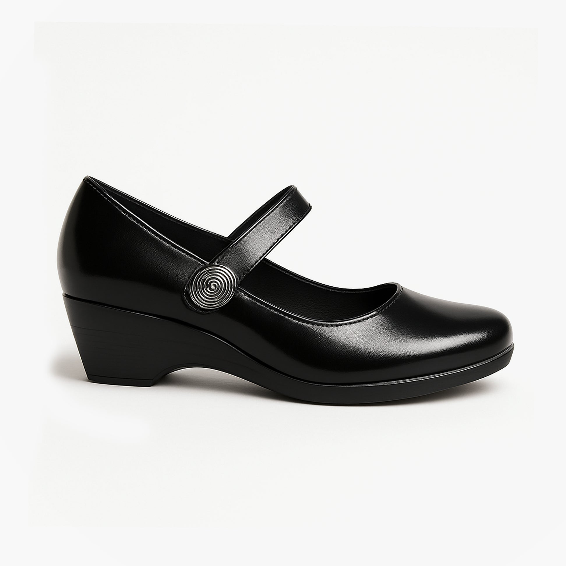 Boulevard L027A Ladies Shoes Black side view showcasing Mary Jane design with round toe and touch fasten strap.