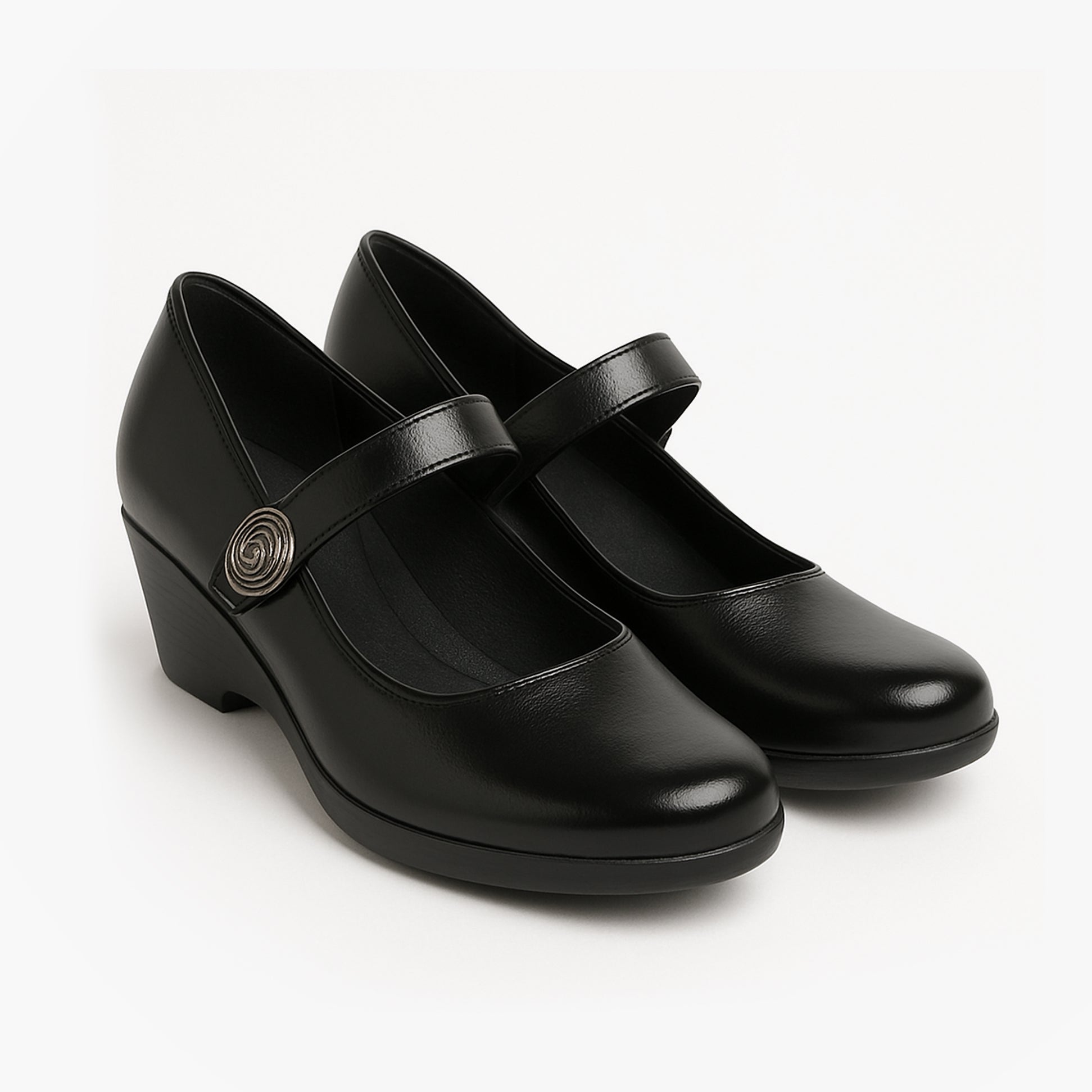 Boulevard L027A Ladies Shoes Black side view featuring Mary Jane style with round toe and touch fasten.