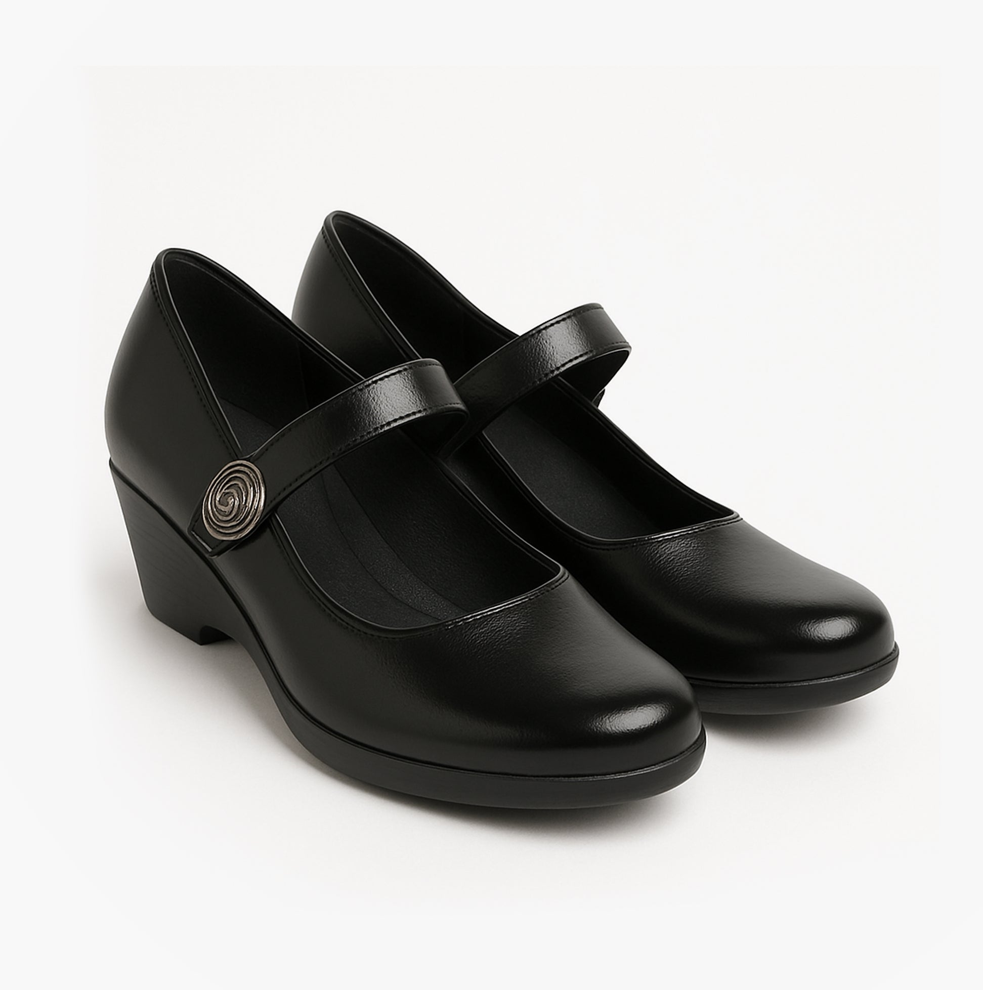 Boulevard L027A Ladies Shoes Black side view featuring Mary Jane style with round toe and touch fasten.
