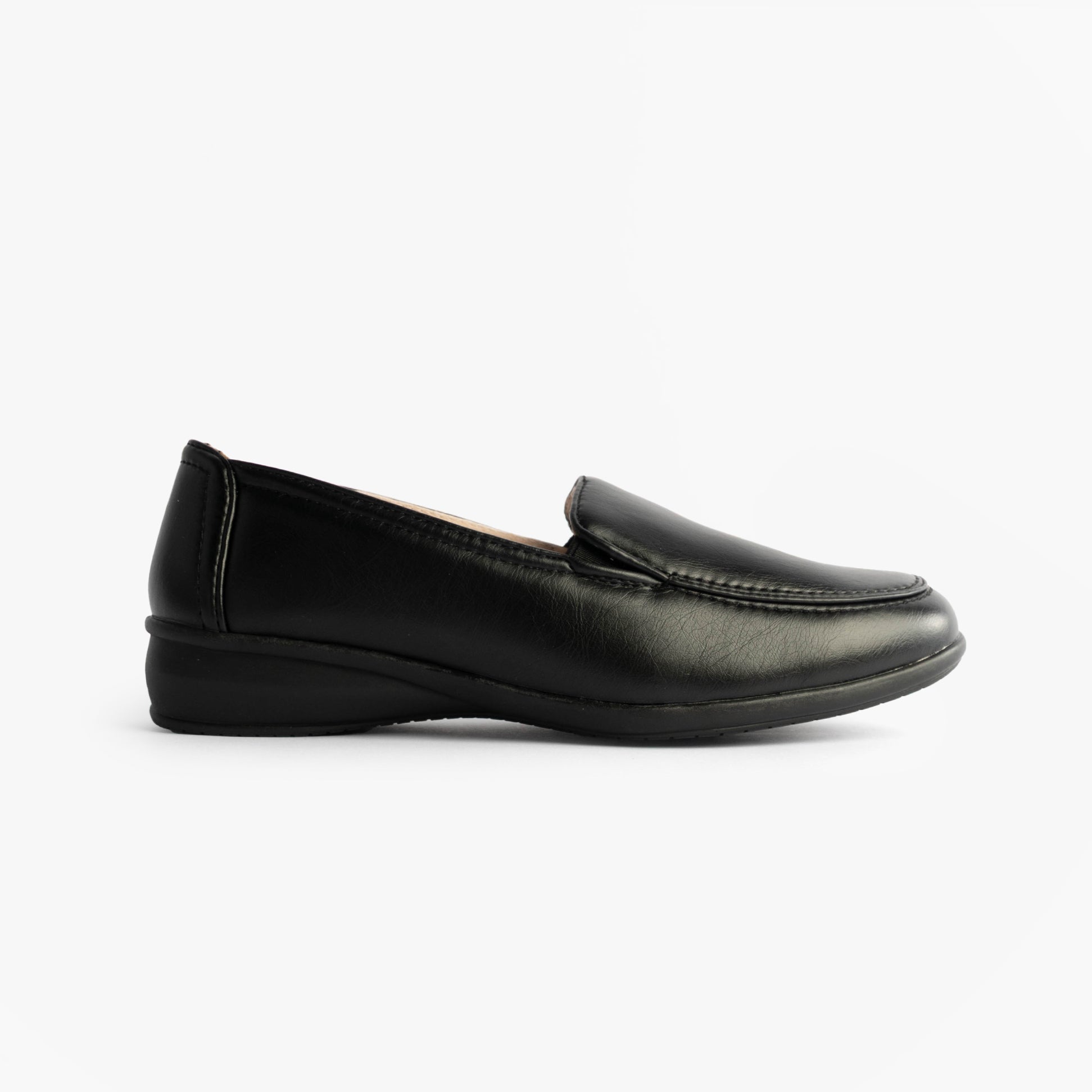 Boulevard L166A Ladies Shoes Black side view showcasing casual PU upper and flat sole design.