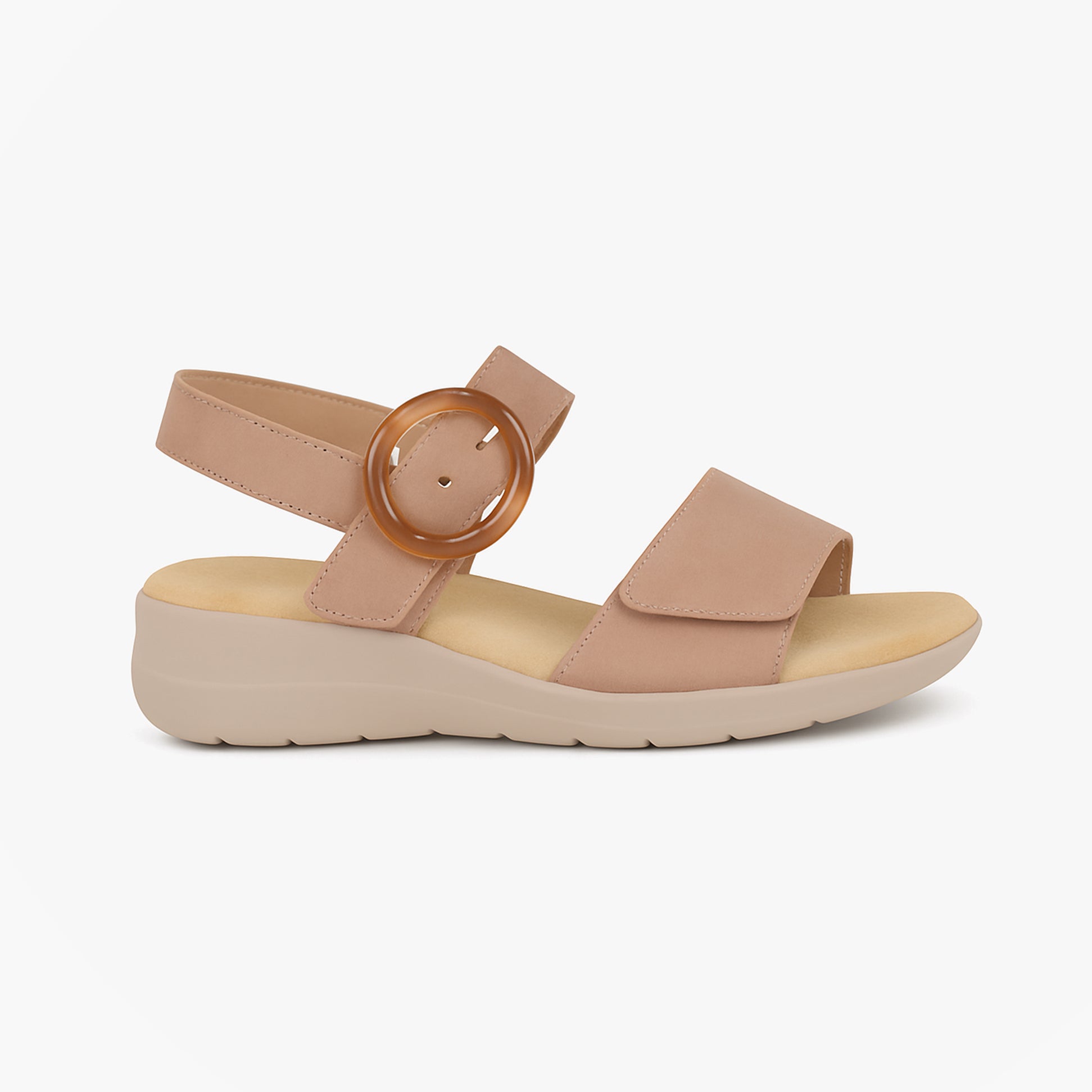 Boulevard L396BE Ladies Sandals Natural side view showing lightweight PU upper and flat sole design.