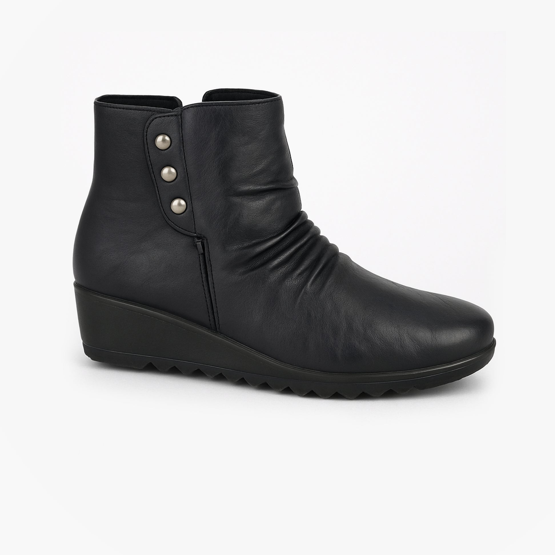Boulevard L400A Womens Boots Black side view with round toe and low heel, featuring a press stud closure.