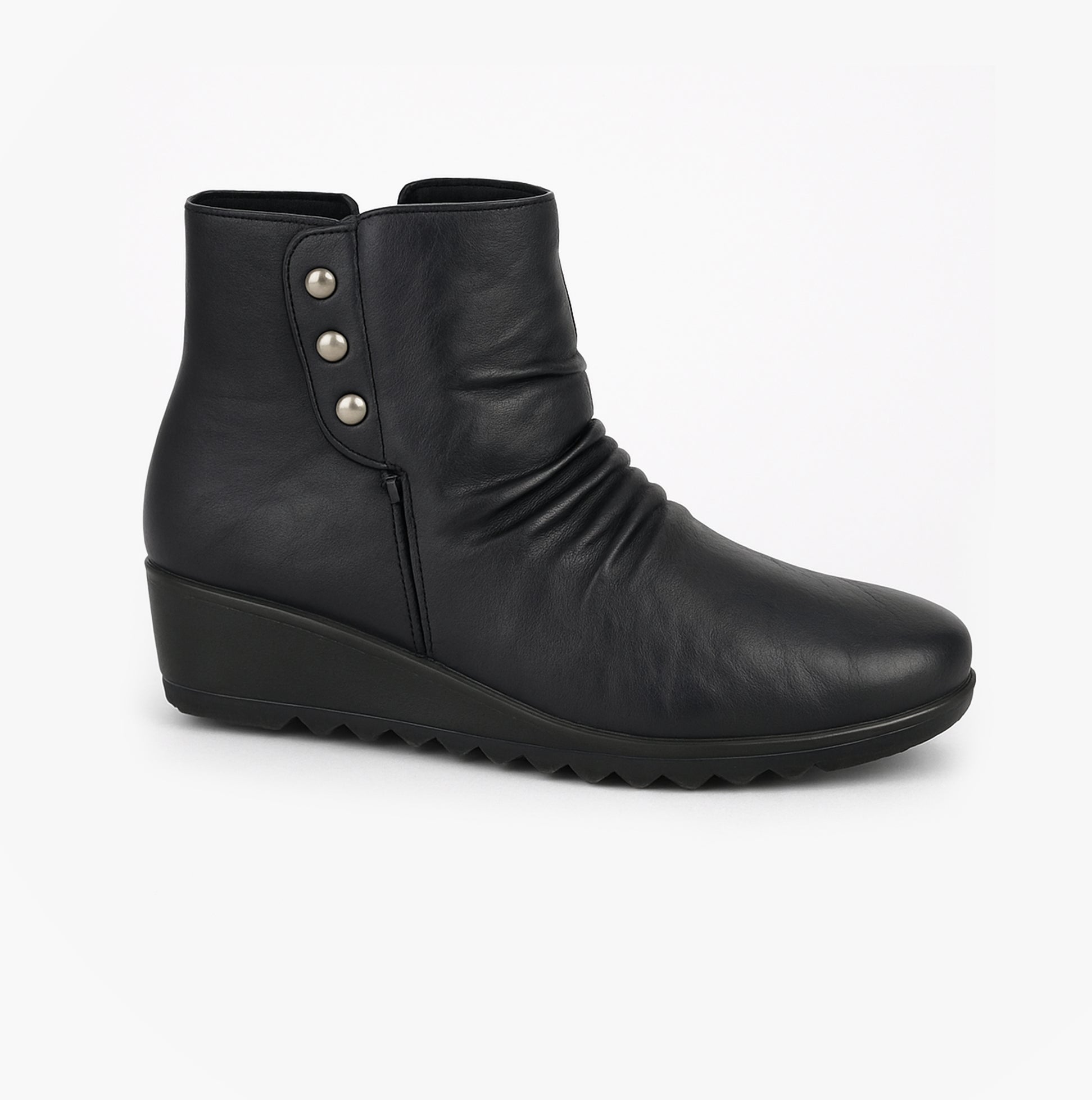 Boulevard L400A Womens Boots Black side view with round toe and low heel, featuring a press stud closure.