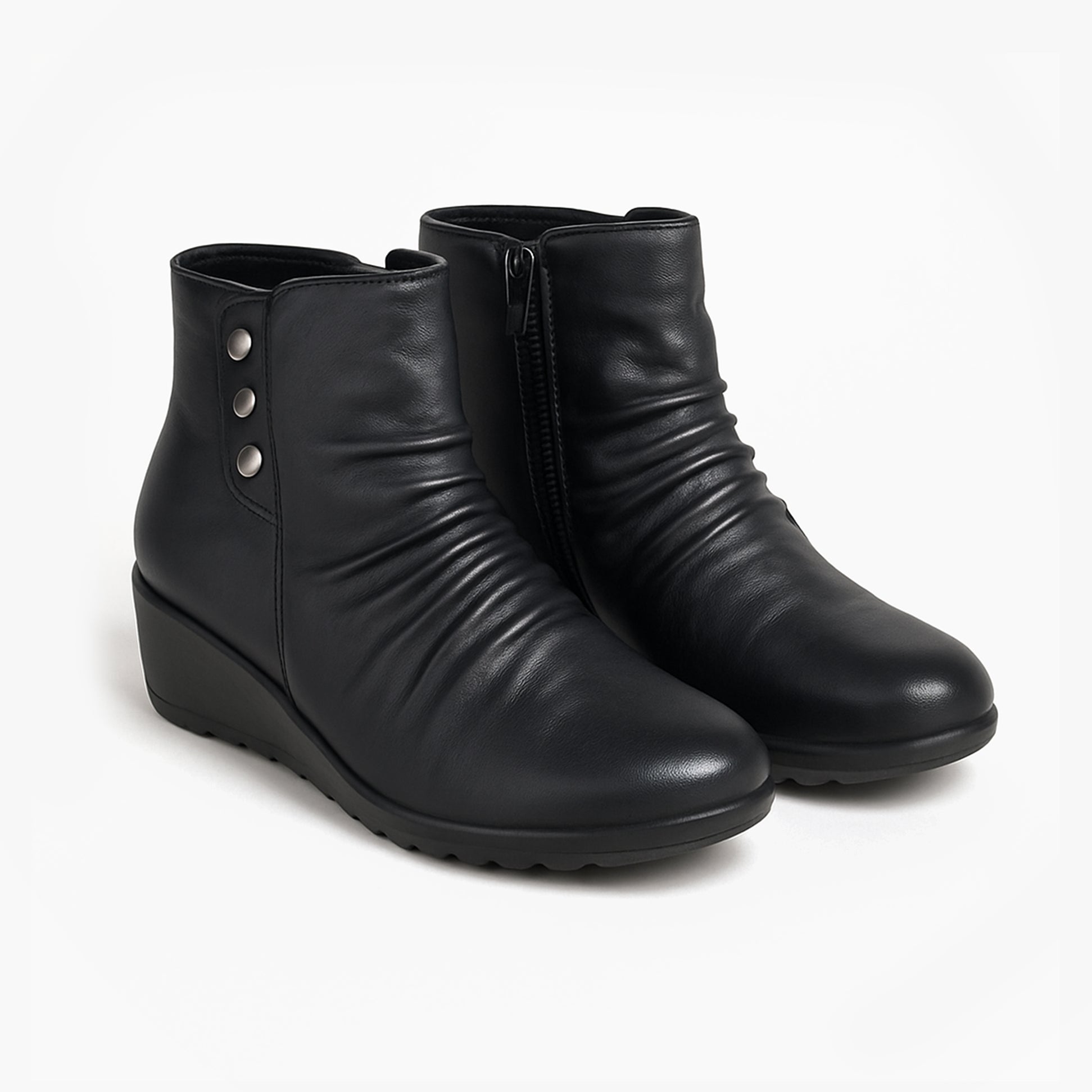 Boulevard L400A Womens Boots Black side view showing ankle boot design with zip and button details.