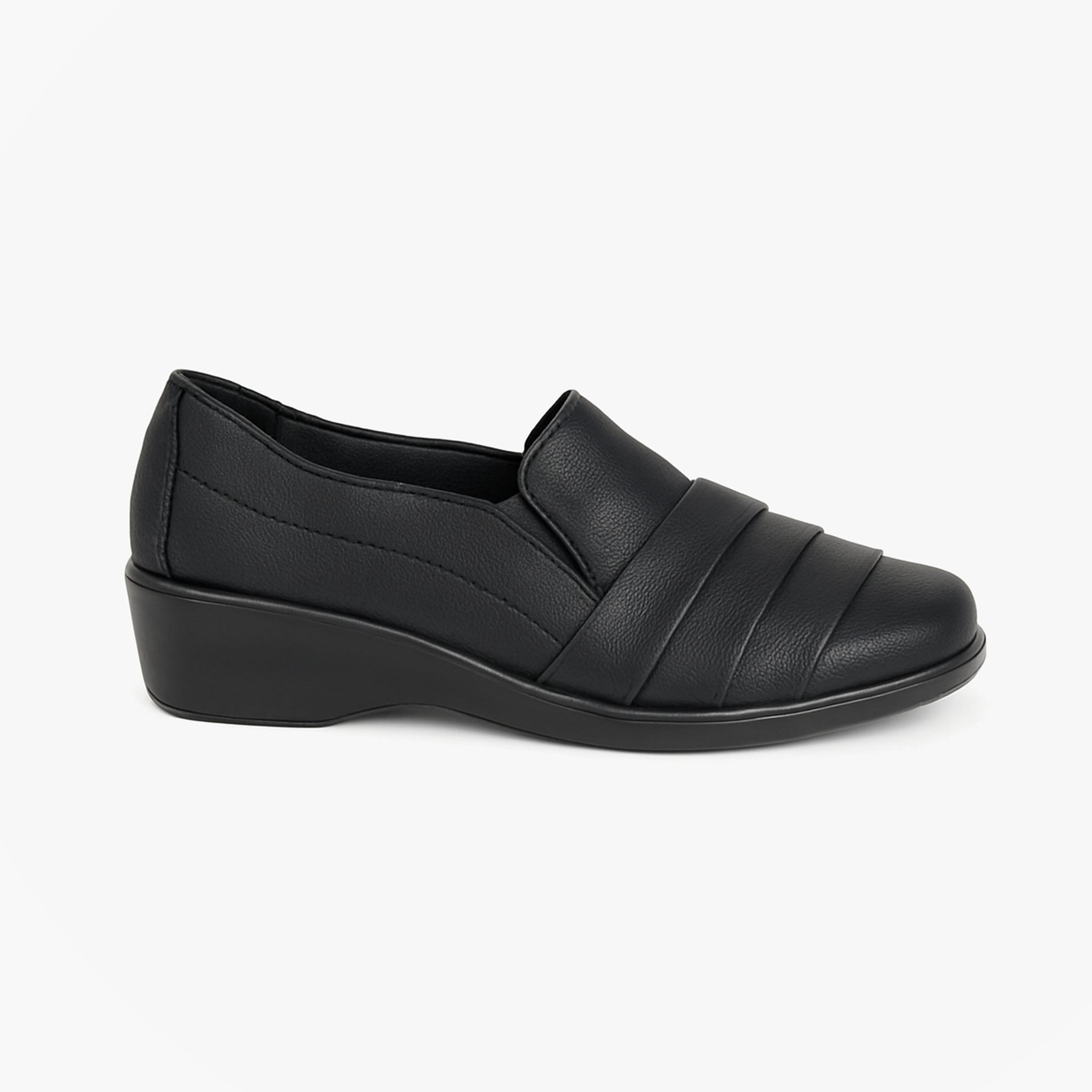 Boulevard L401A Ladies Shoes Black Matt side view showing casual slip-on design and breathable features.