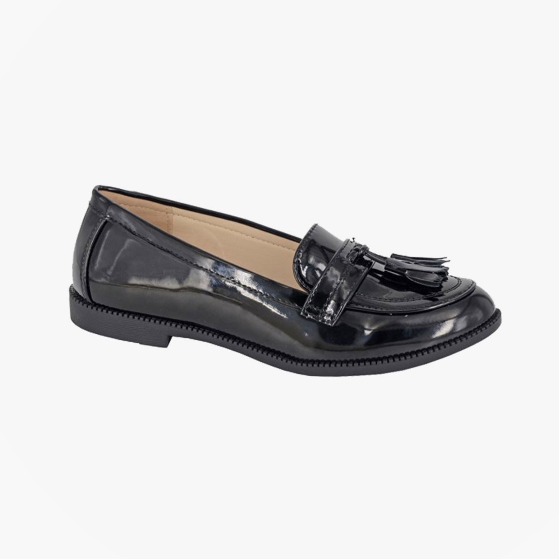 Boulevard L412AP Ladies Loafers Black side view patent leather shoe with tassel detail.