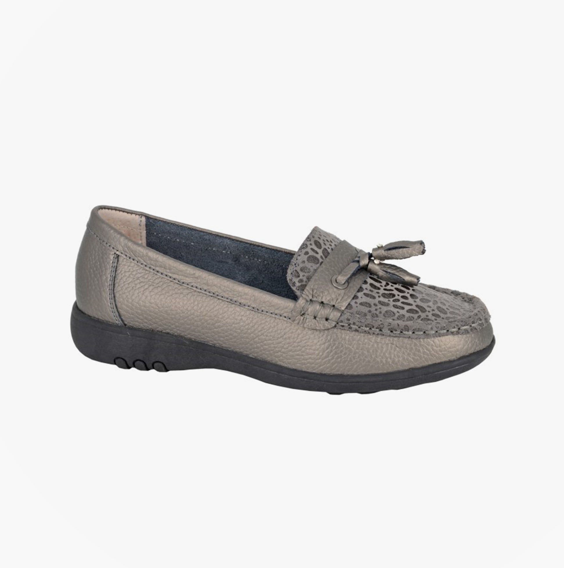 Boulevard L5012FS Ladies Shoes Pewter side view of casual leather shoes with TPR sole.