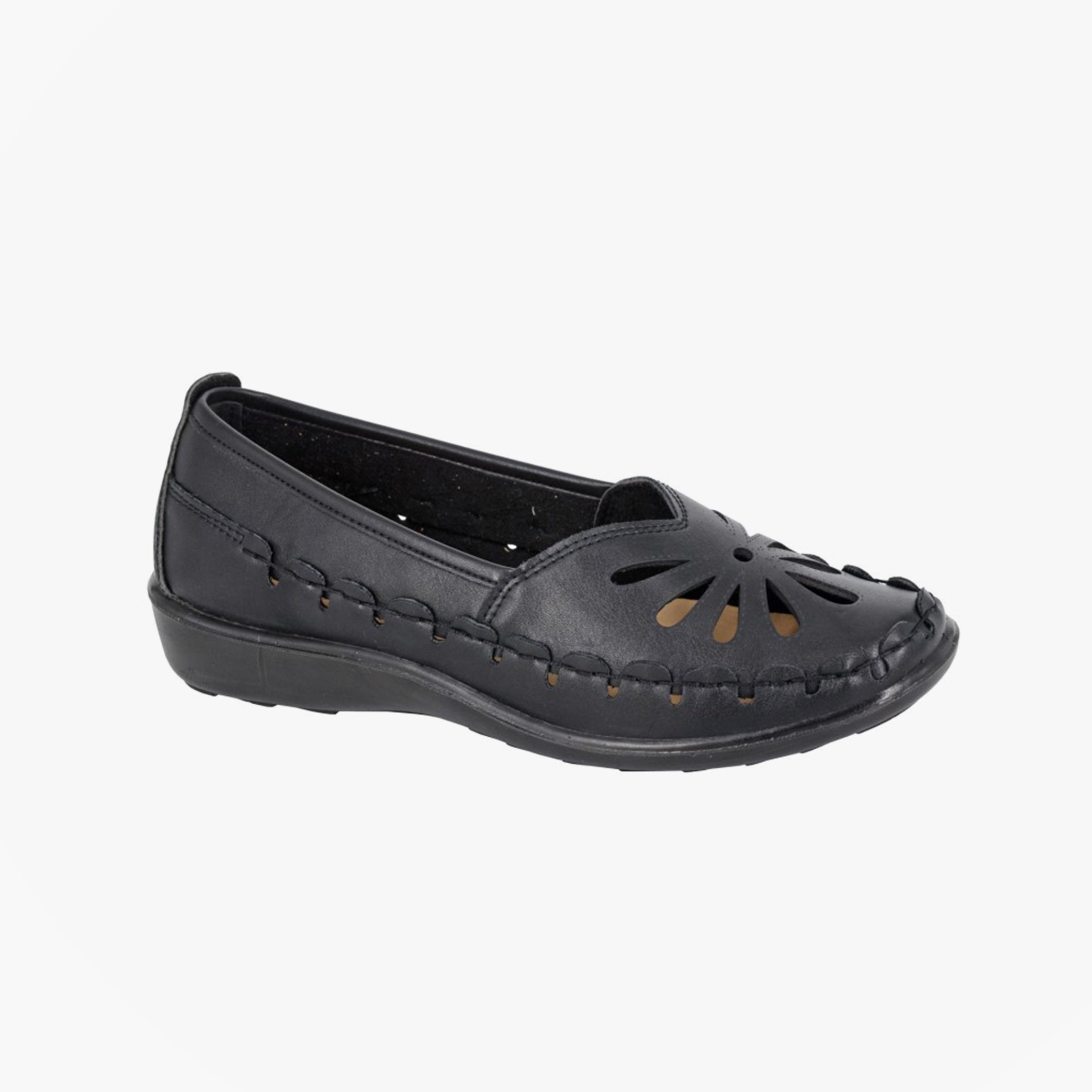 Boulevard L516A Ladies Shoes Black side view showing breathable design and slip-on style.