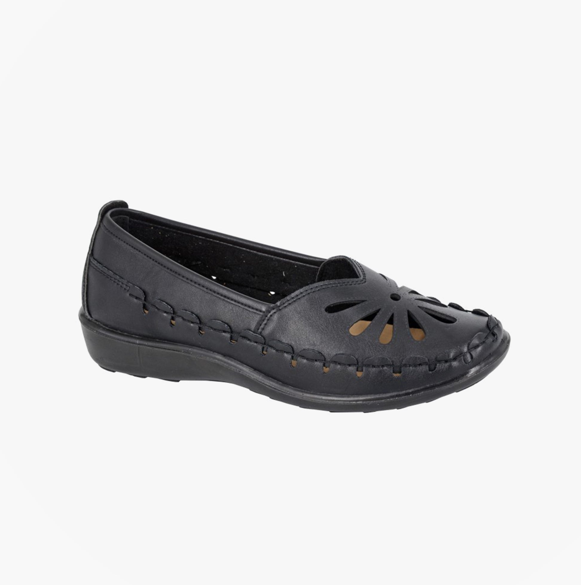 Boulevard L516A Ladies Shoes Black side view showing breathable design and slip-on style.