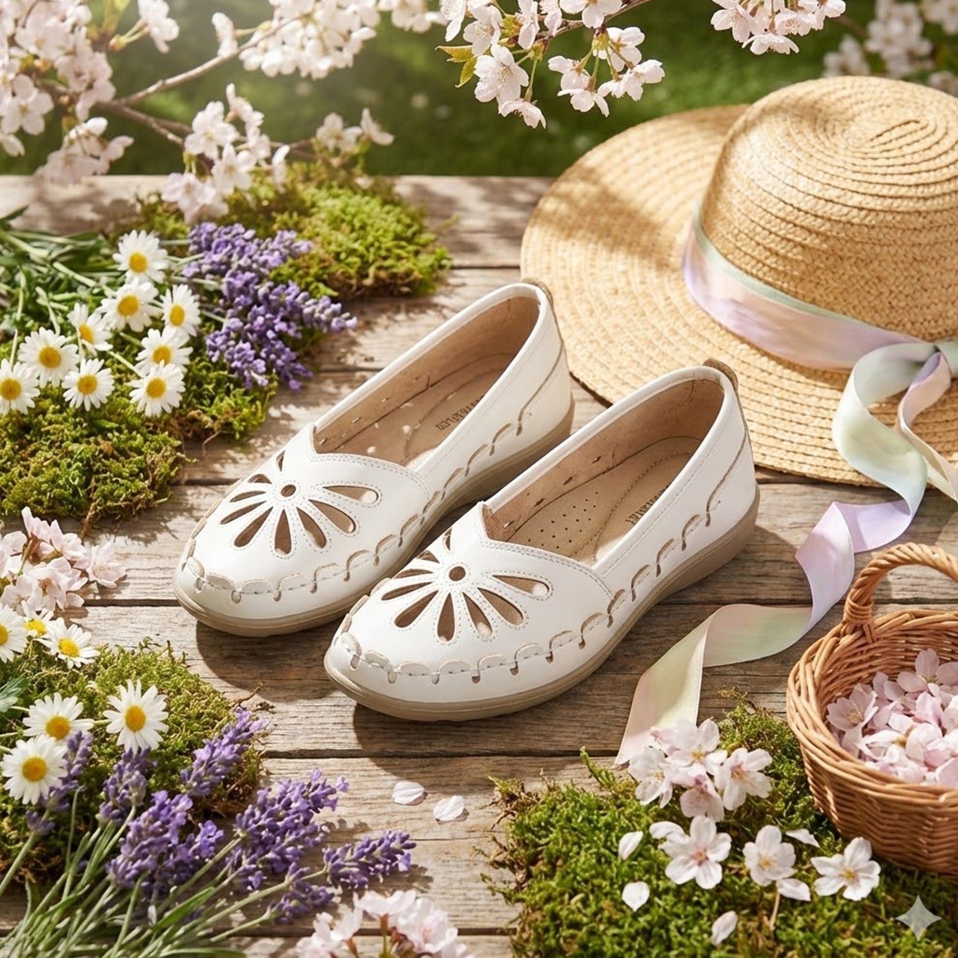 Boulevard L516G Ladies Shoes White side view in a floral garden setting with hat and basket.