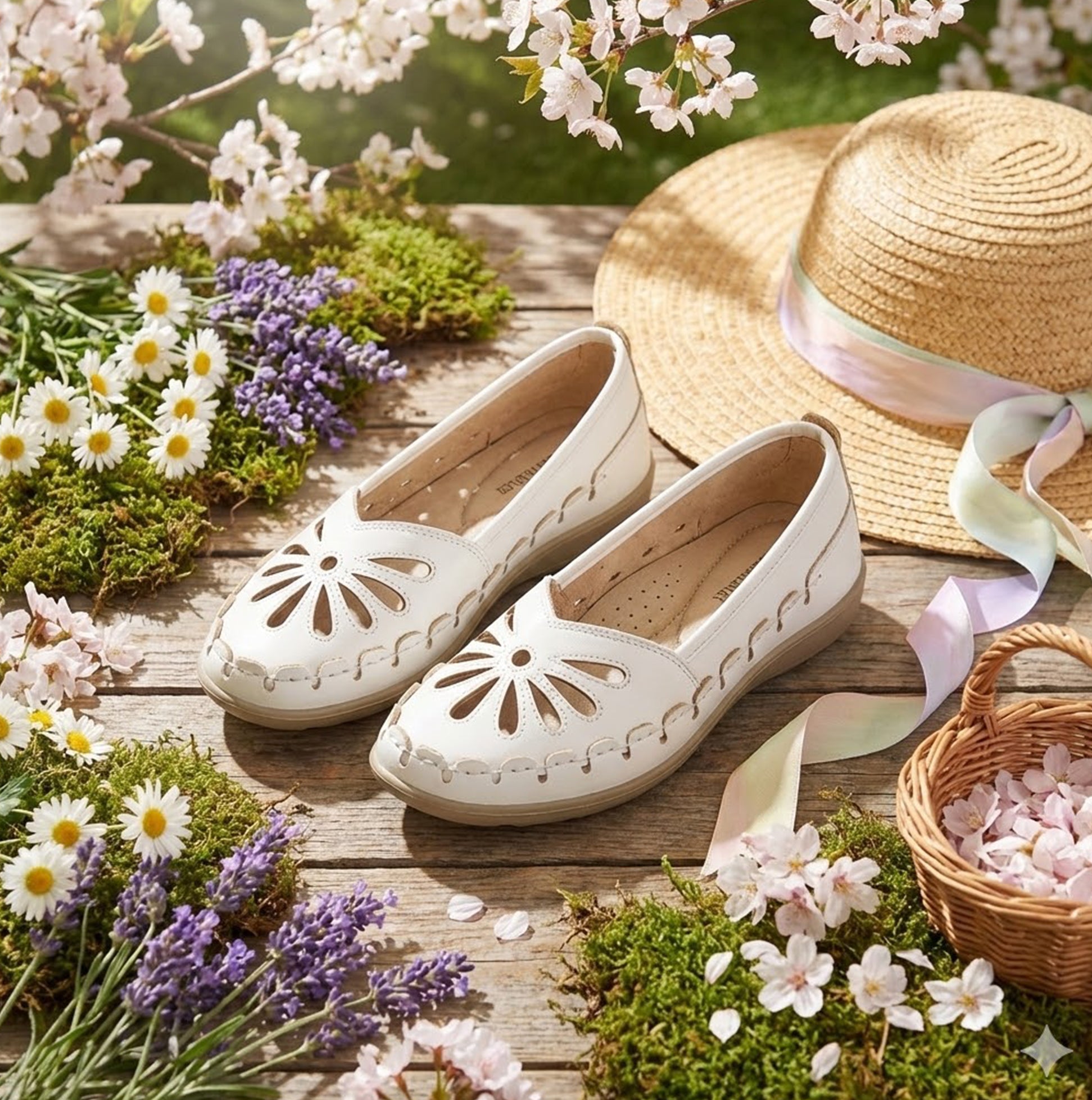 Boulevard L516G Ladies Shoes White side view in a floral garden setting with hat and basket.