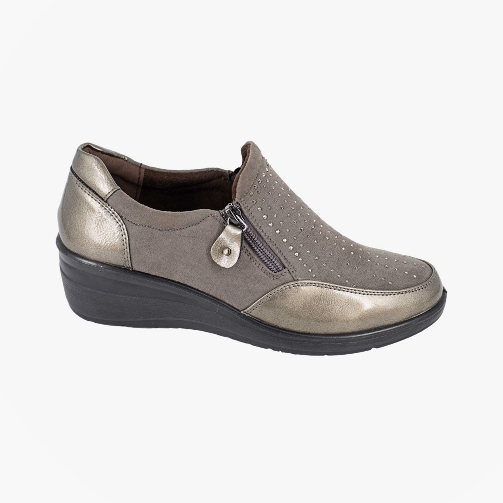 Boulevard L628F Ladies Shoes Pewter side view of casual zip-up shoes with synthetic upper and round toe.