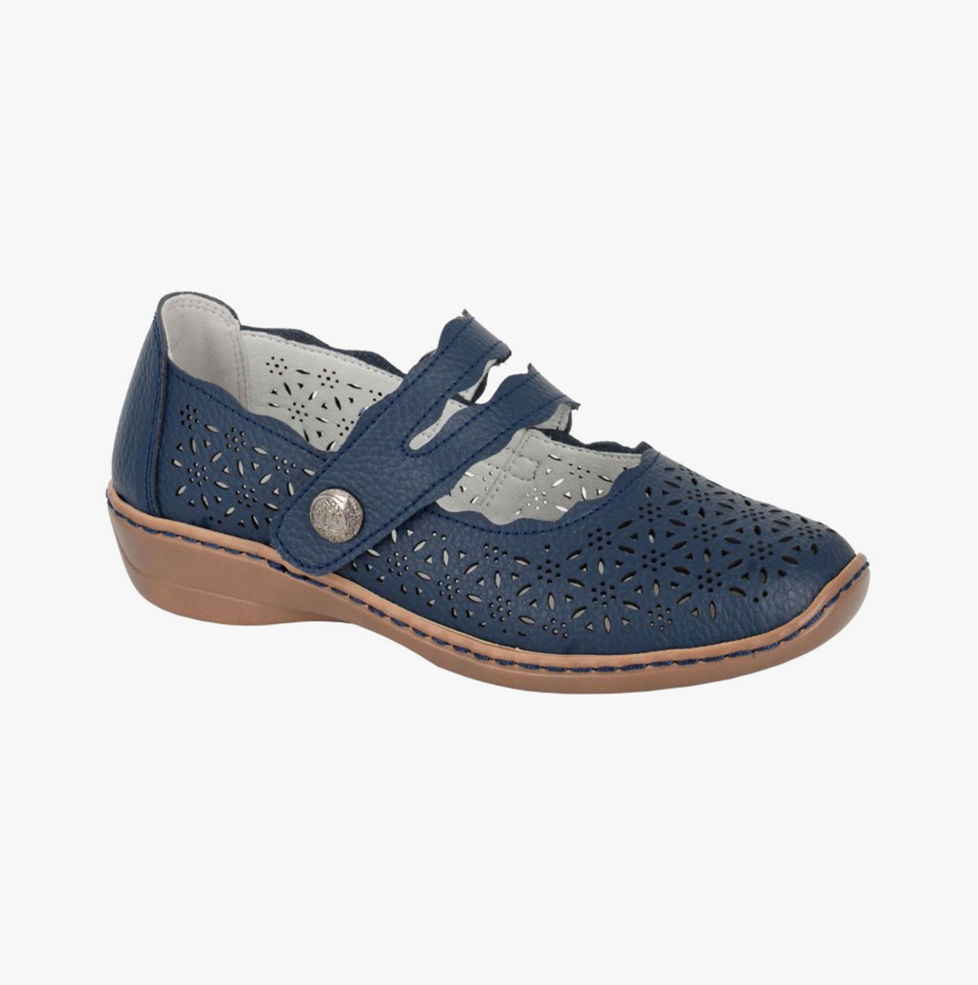 Boulevard L641C Ladies Shoes Navy Blue side view showing leather upper with cut-out details and touch fasten straps.