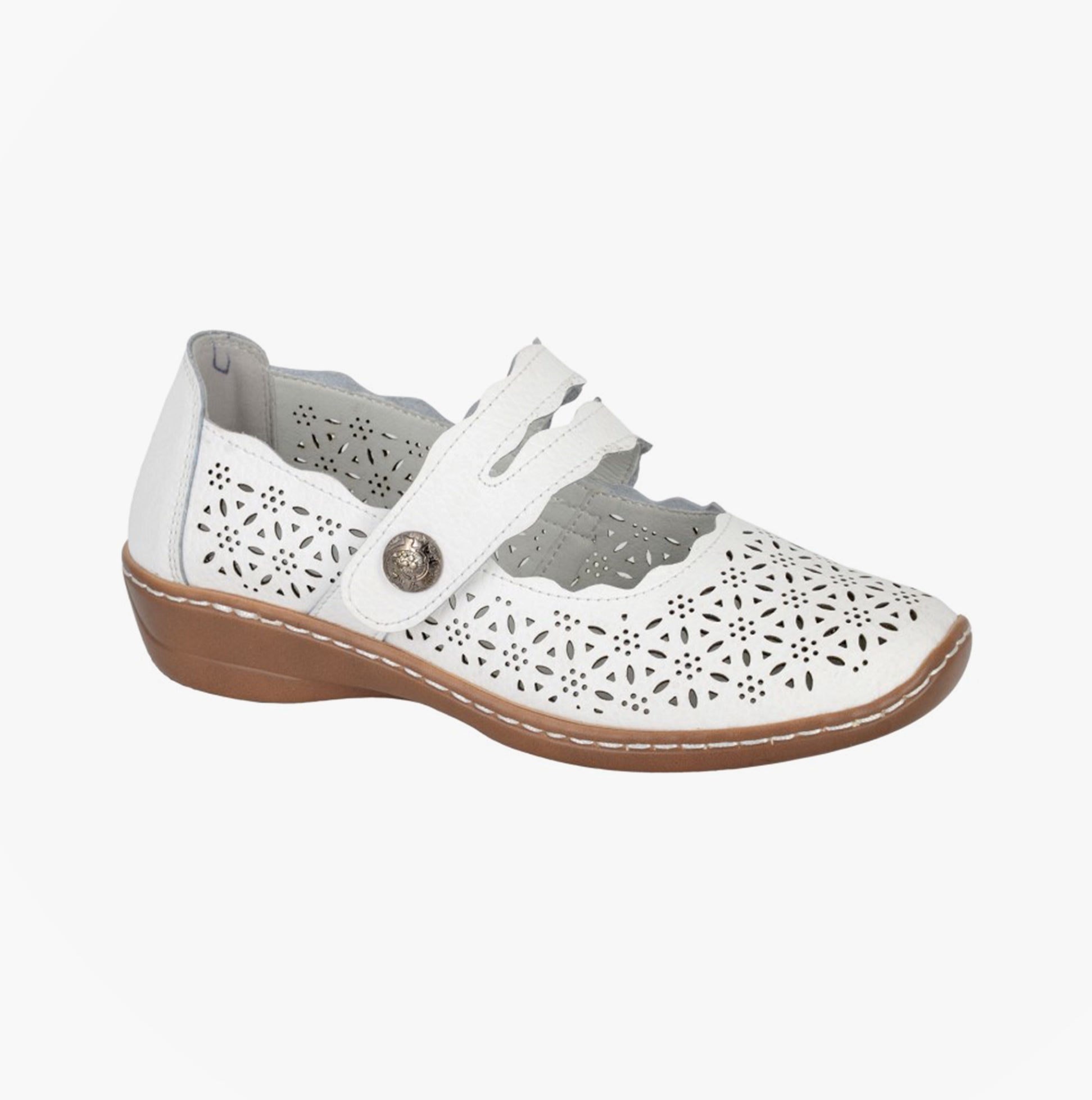 Boulevard L641G Ladies Shoes White side view showing leather upper, round toe, and touch fastening detail.