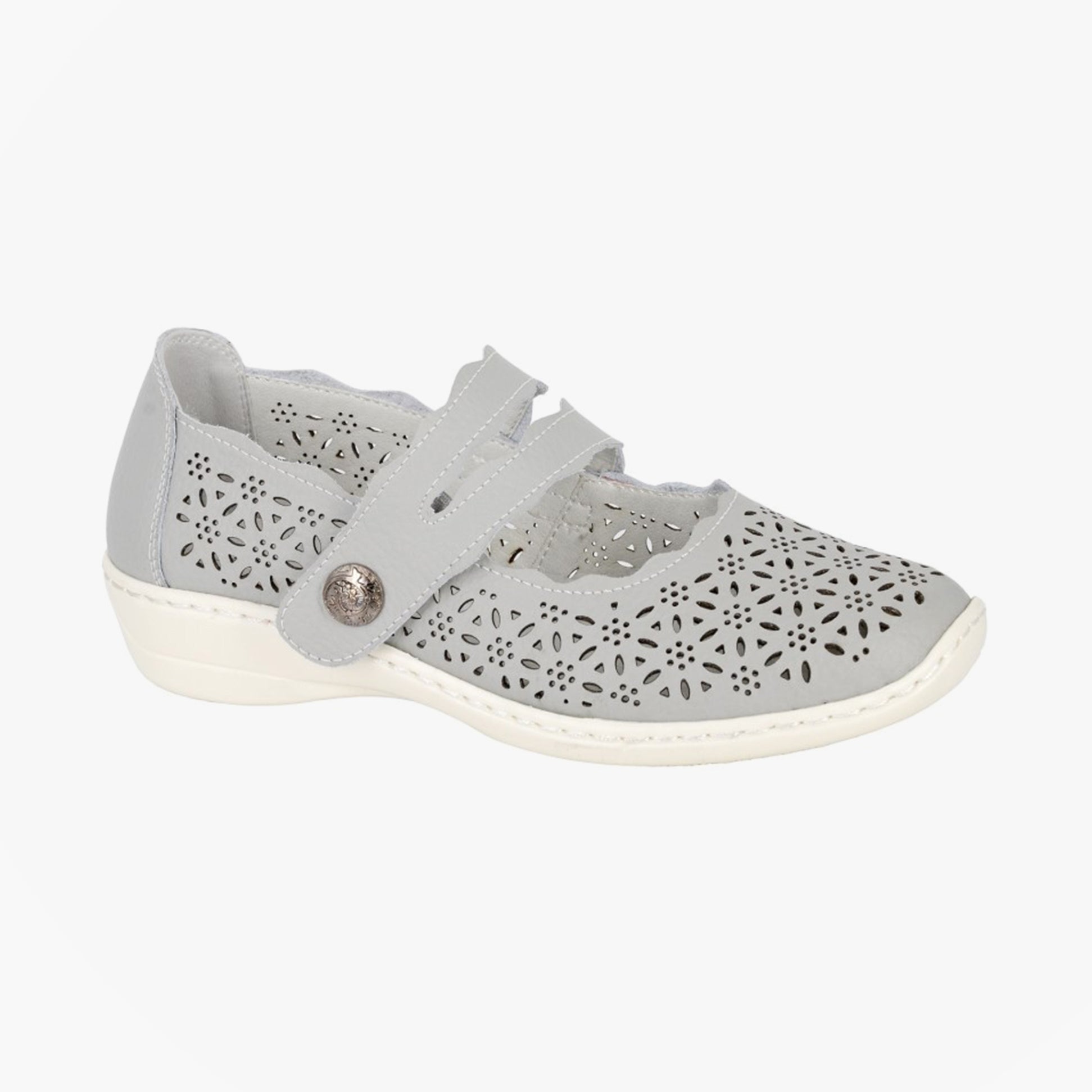 Boulevard L641LF Ladies Shoes Light Grey, side view showing casual leather design with touch fasten feature.