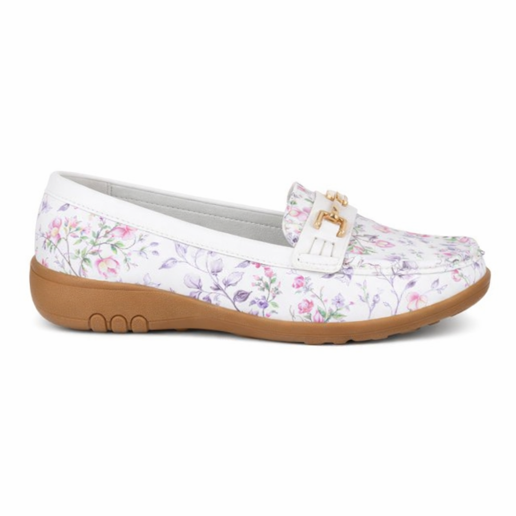 Ladies Buckle Loafers Floral White