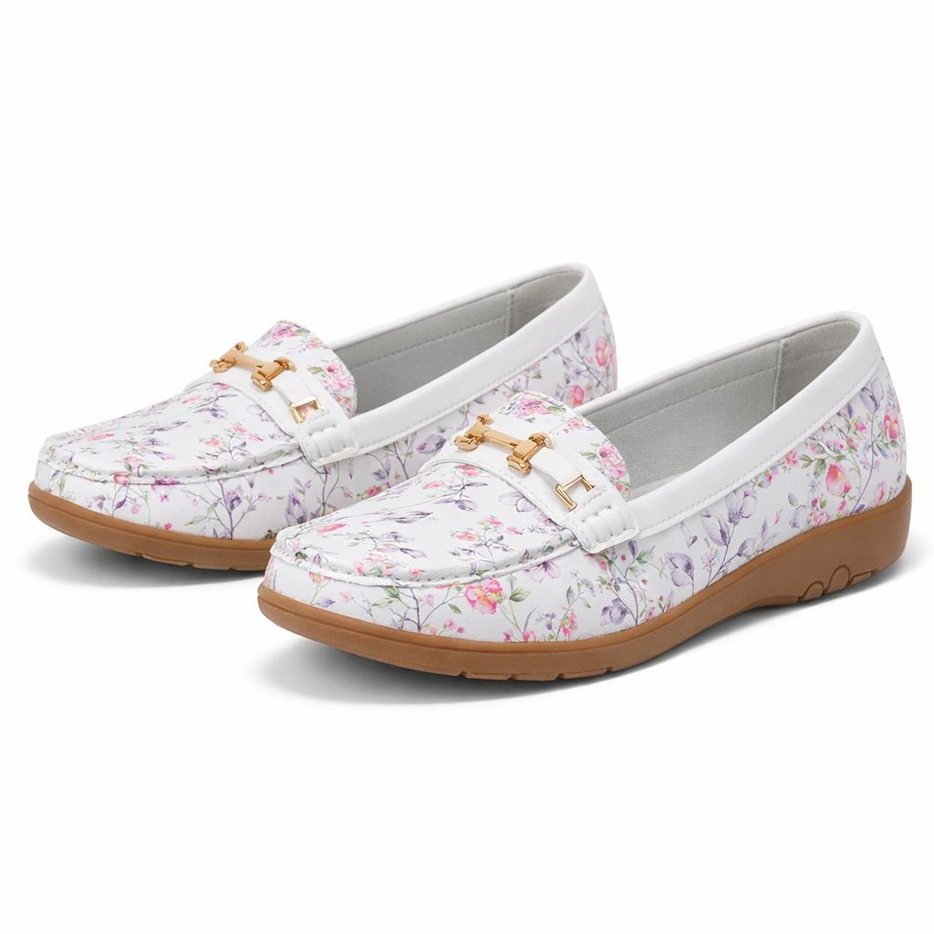 Ladies Buckle Loafers Floral White