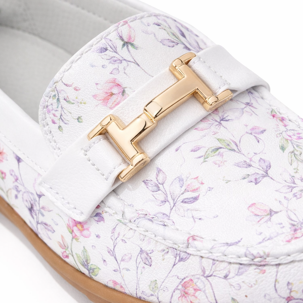 Ladies Buckle Loafers Floral White