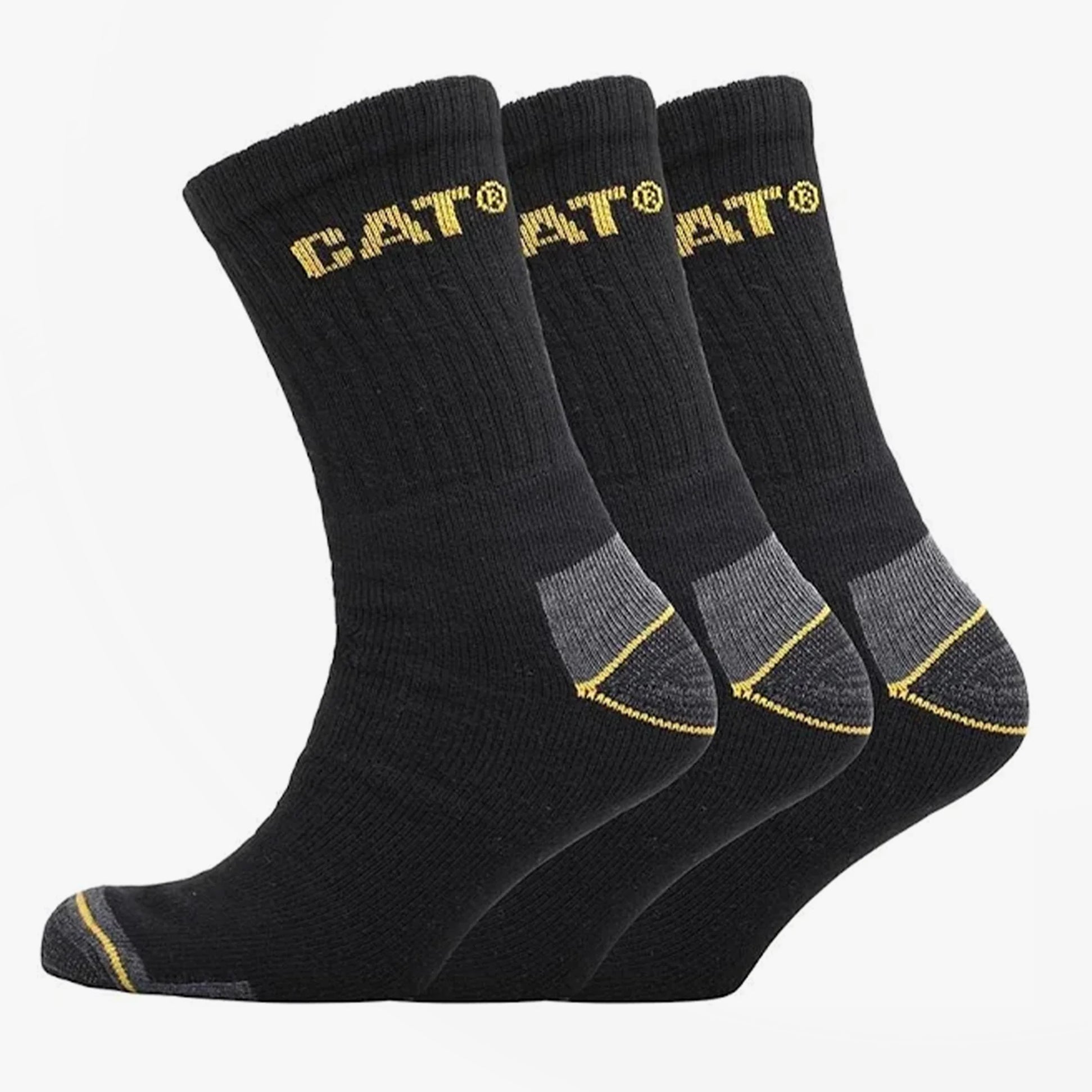 CAT CREW 3 PACK Mens Boot Socks Black side view showing three pairs of socks with yellow logo and grey accents.