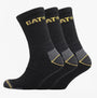 CAT CREW 3 PACK Mens Boot Socks Black side view showing three pairs of socks with yellow logo and grey accents.