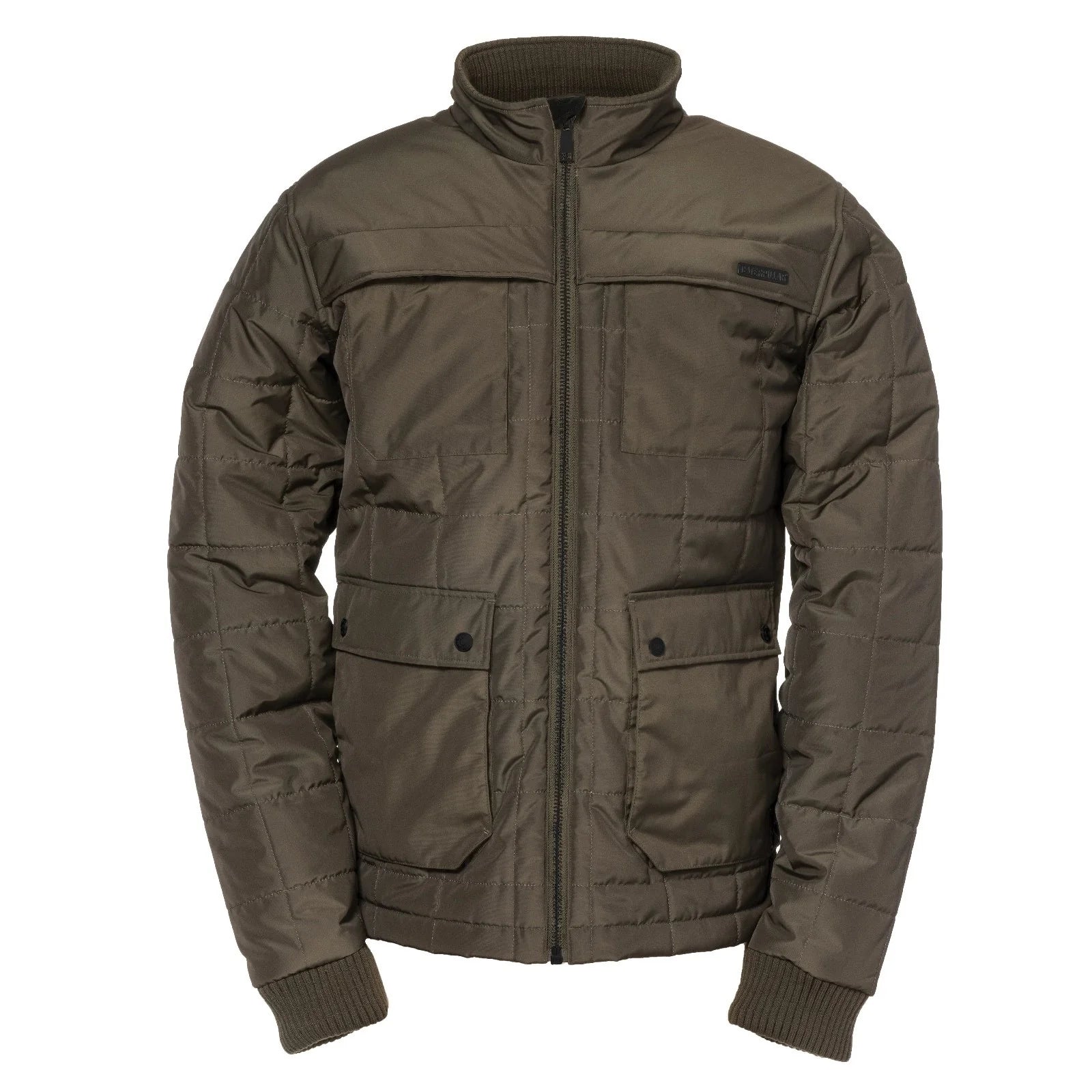 CAT TERRAIN Mens Jacket Dark Green front view featuring zip closure, quilted insulation, and ribbed collar.