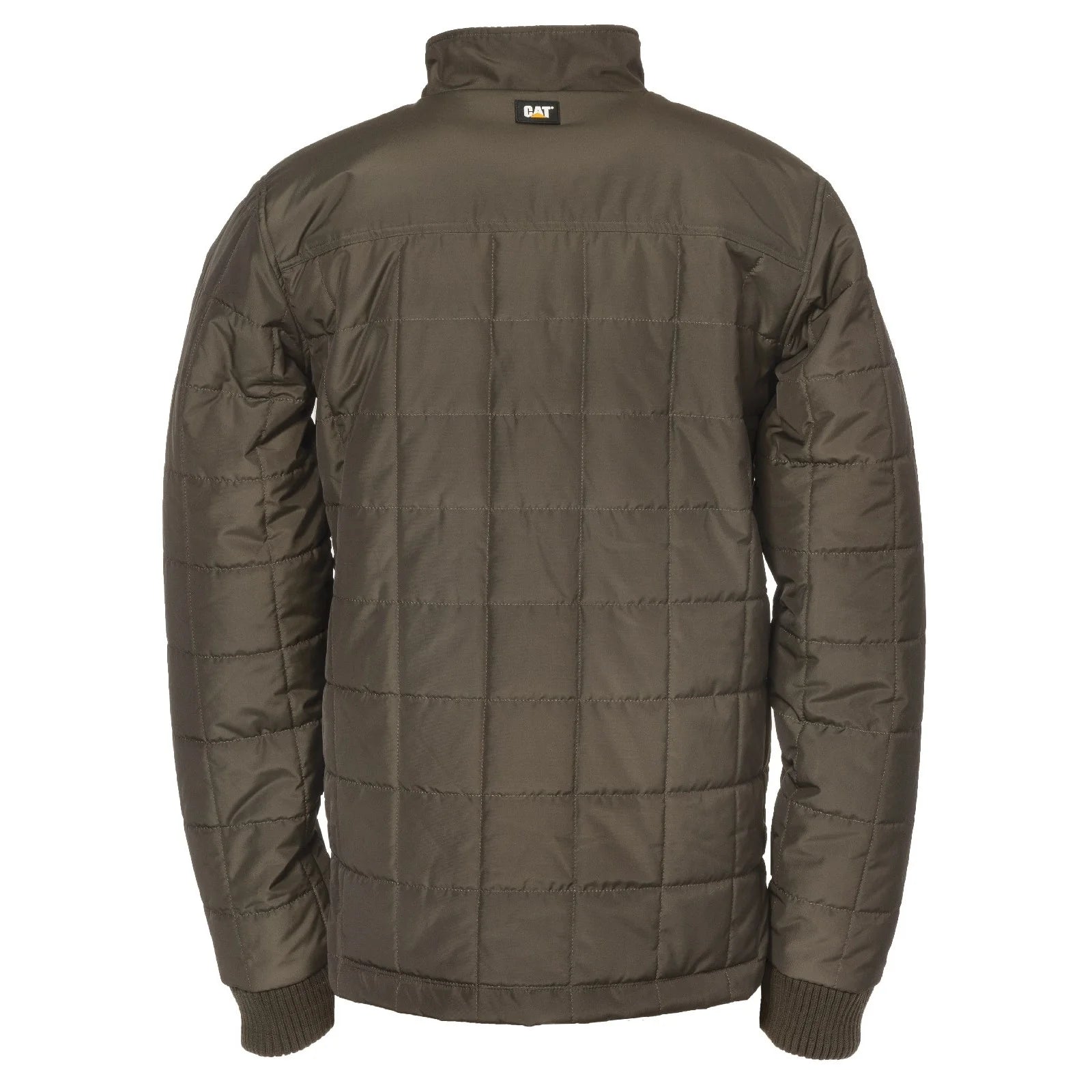 CAT TERRAIN Mens Jacket Dark Green back view showing quilted insulated design and ribbed collar.