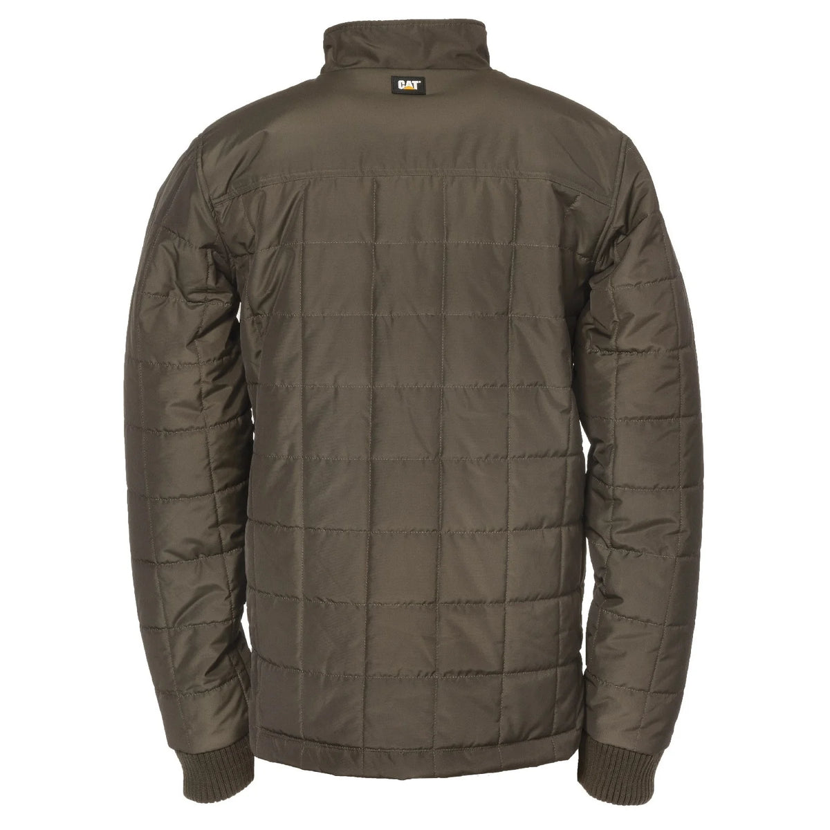 CAT TERRAIN Mens Jacket Dark Green back view showing quilted insulated design and ribbed collar.