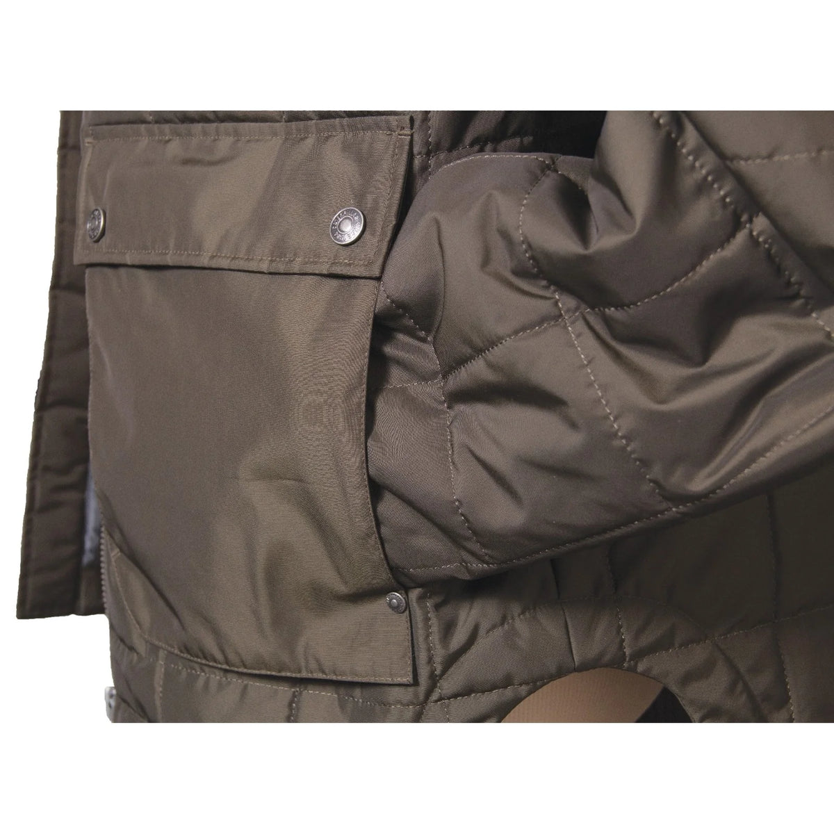 CAT TERRAIN Mens Jacket Dark Green close-up view showcasing quilting and lower pocket details.