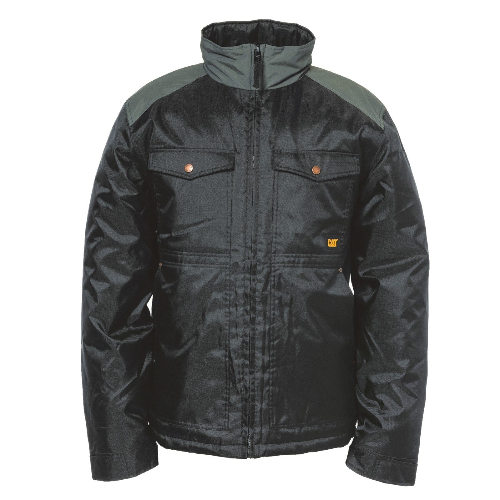 CAT HARVEST Mens Jacket Black front view with zip closure, two chest pockets and durable water-resistant finish.