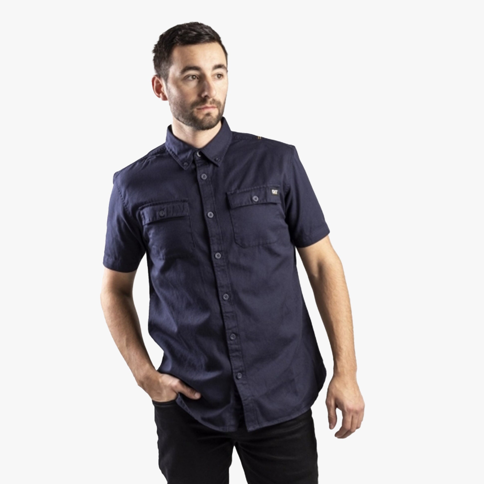 CAT BUTTON UP Mens Cotton Twill Short Sleeve Shirt Navy