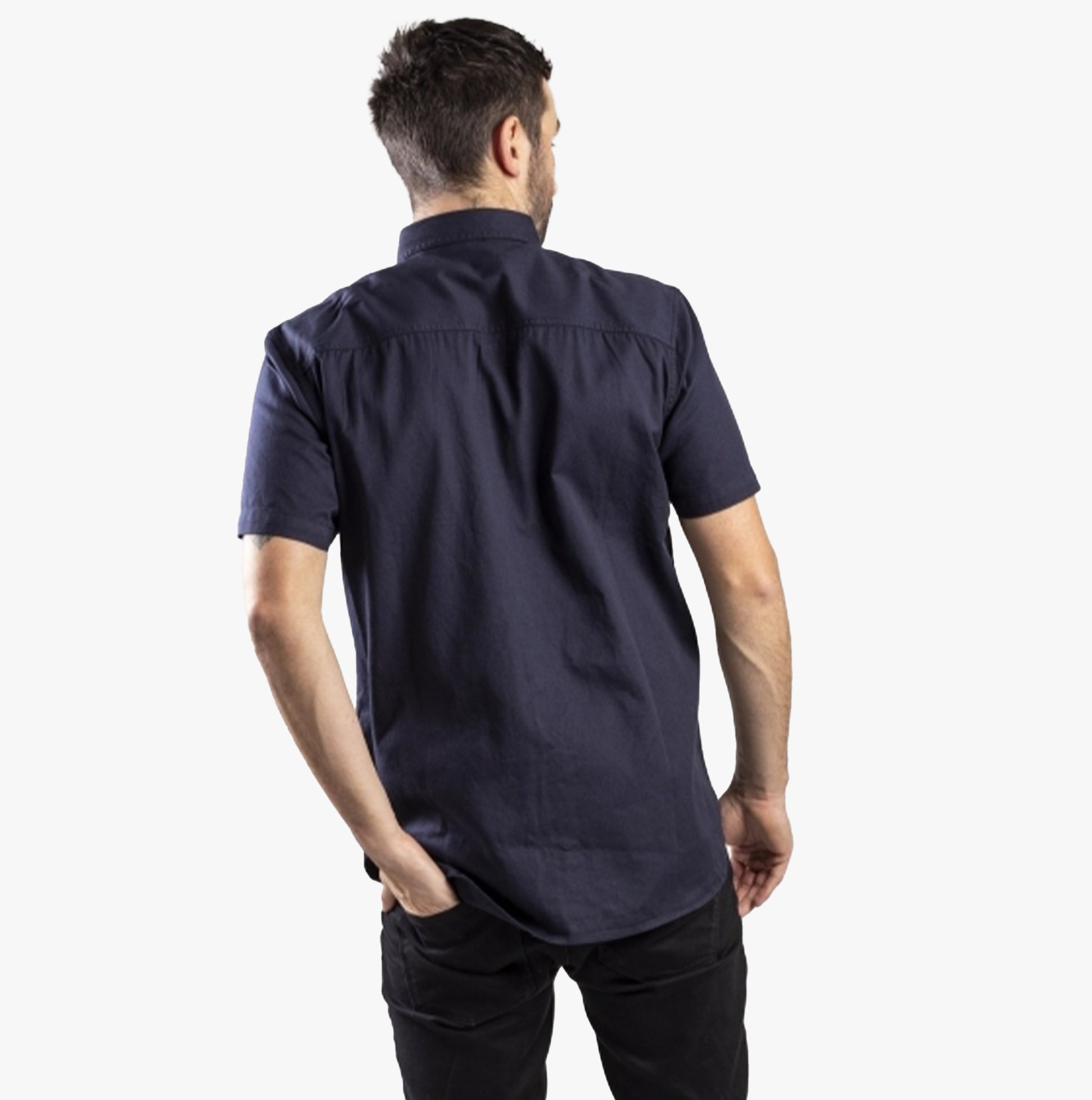 CAT BUTTON UP Mens Cotton Twill Short Sleeve Shirt Navy