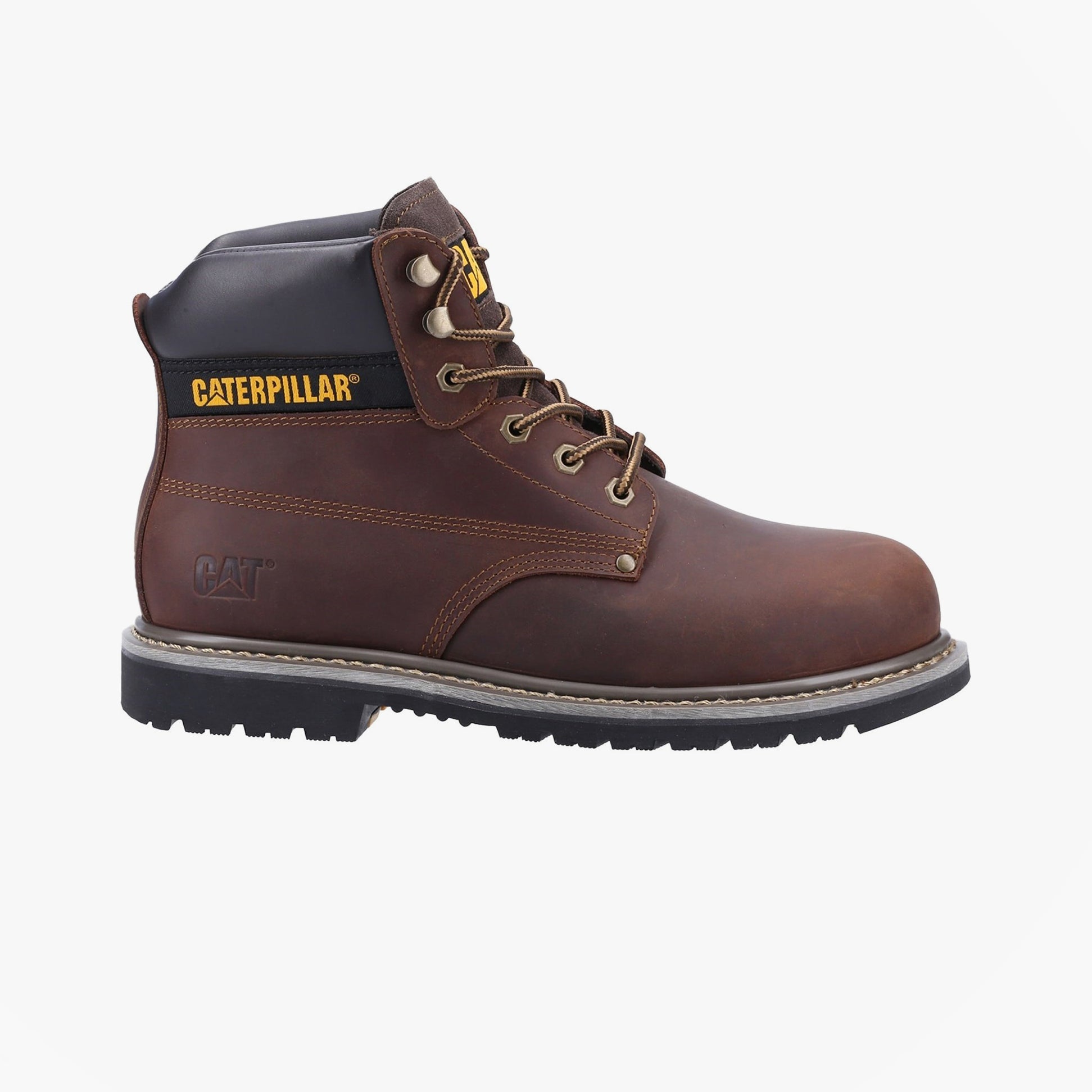 CAT POWERPLANT SB Mens Safety Boot Brown side view featuring leather upper and lace-up design.