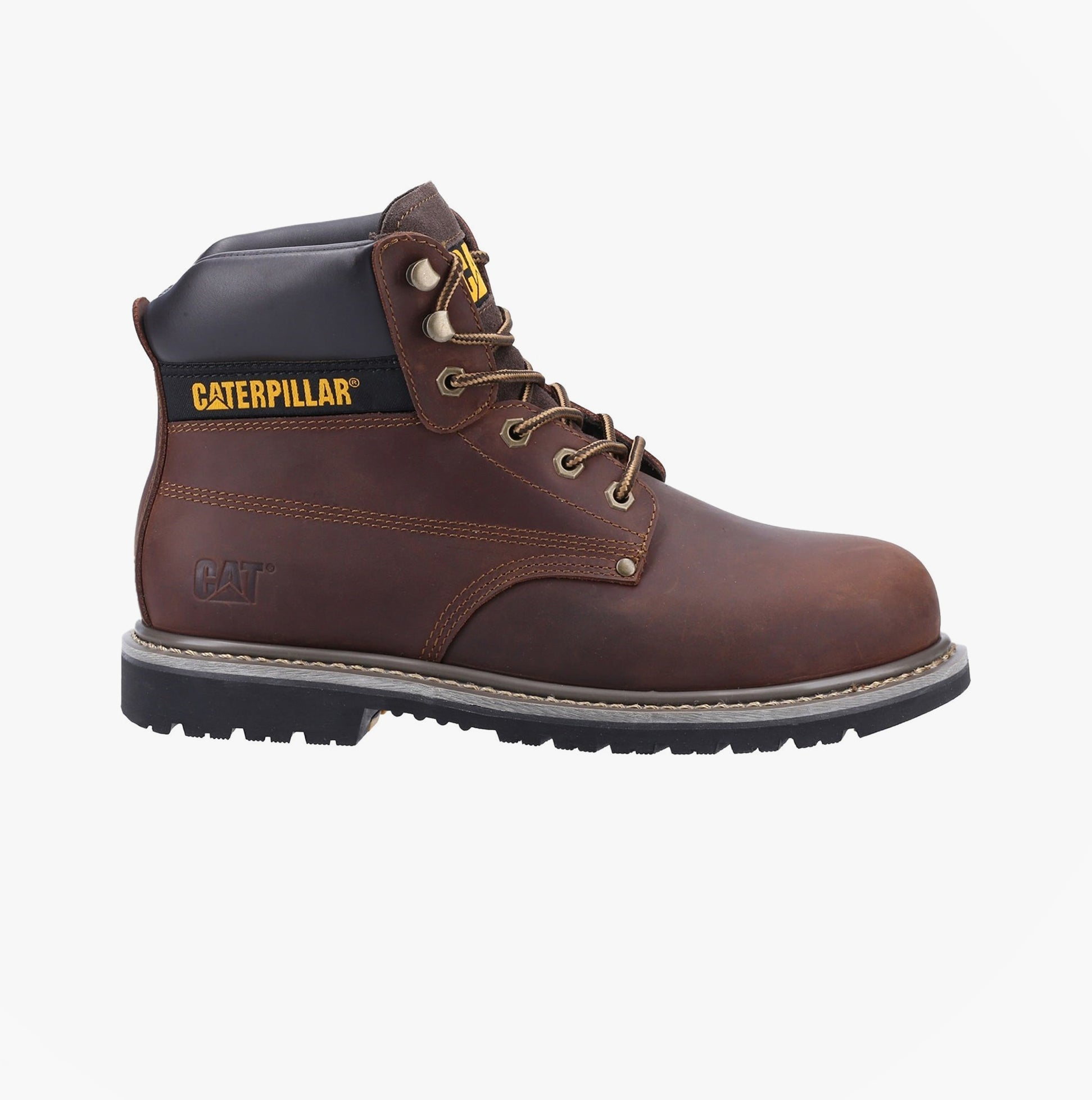 CAT POWERPLANT SB Mens Safety Boot Brown side view featuring leather upper and lace-up design.