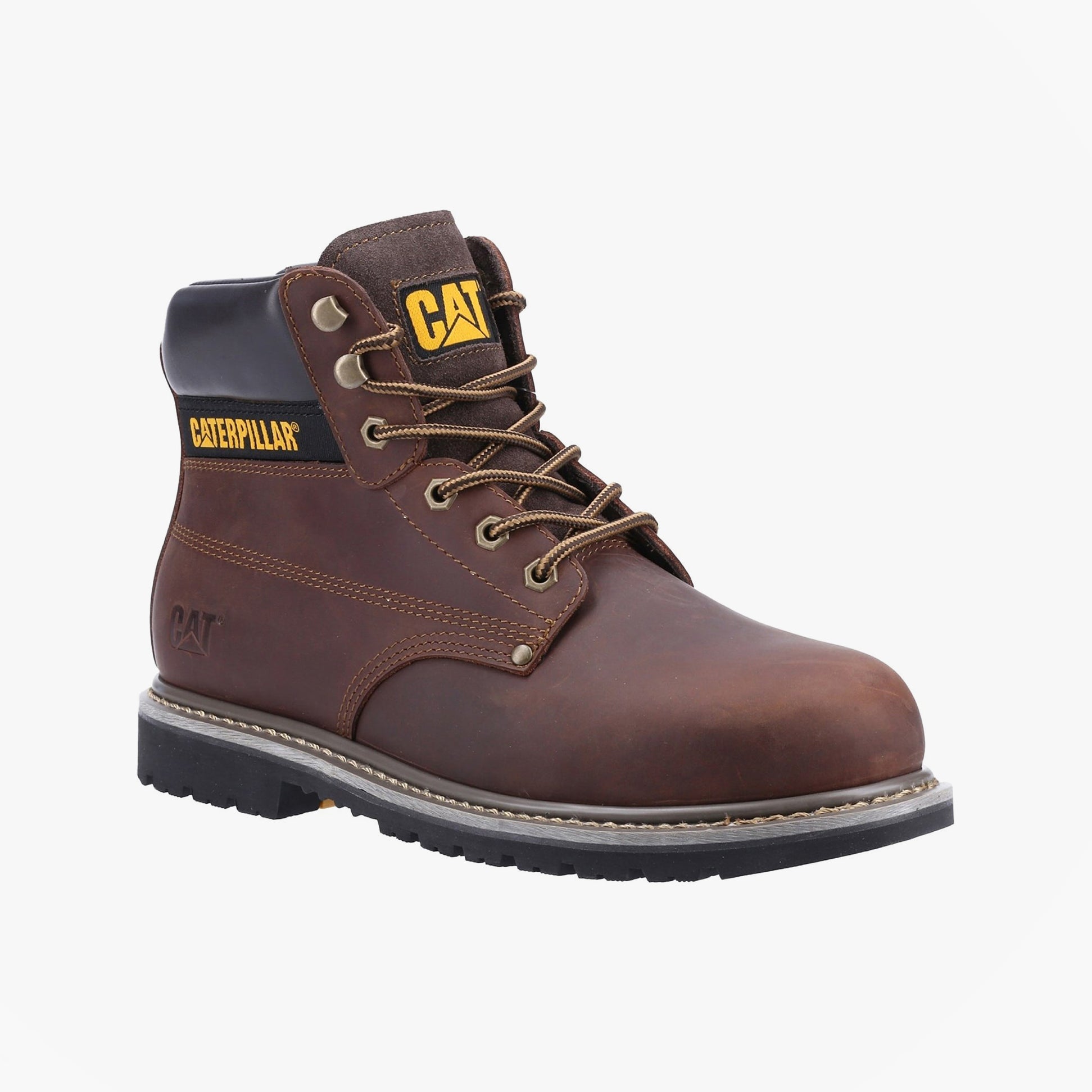 CAT POWERPLANT SB Mens Safety Boot Brown side view showcasing leather upper, lace-up design, and round toe.