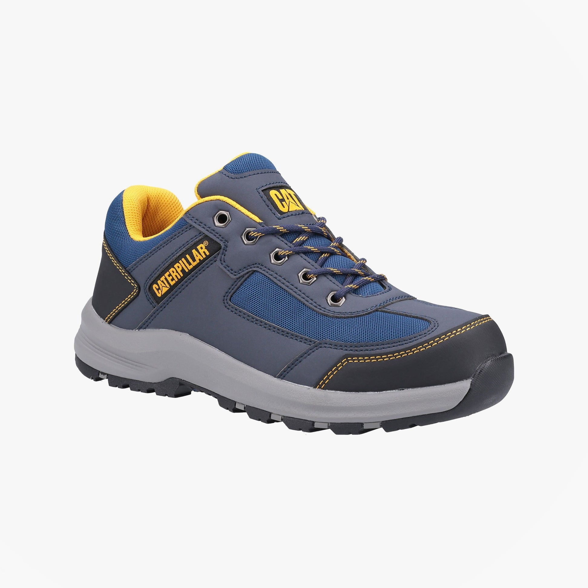 CAT ELMORE Mens Safety Trainers Trainers Navy side view showing lightweight design and metal toe cap safety features.