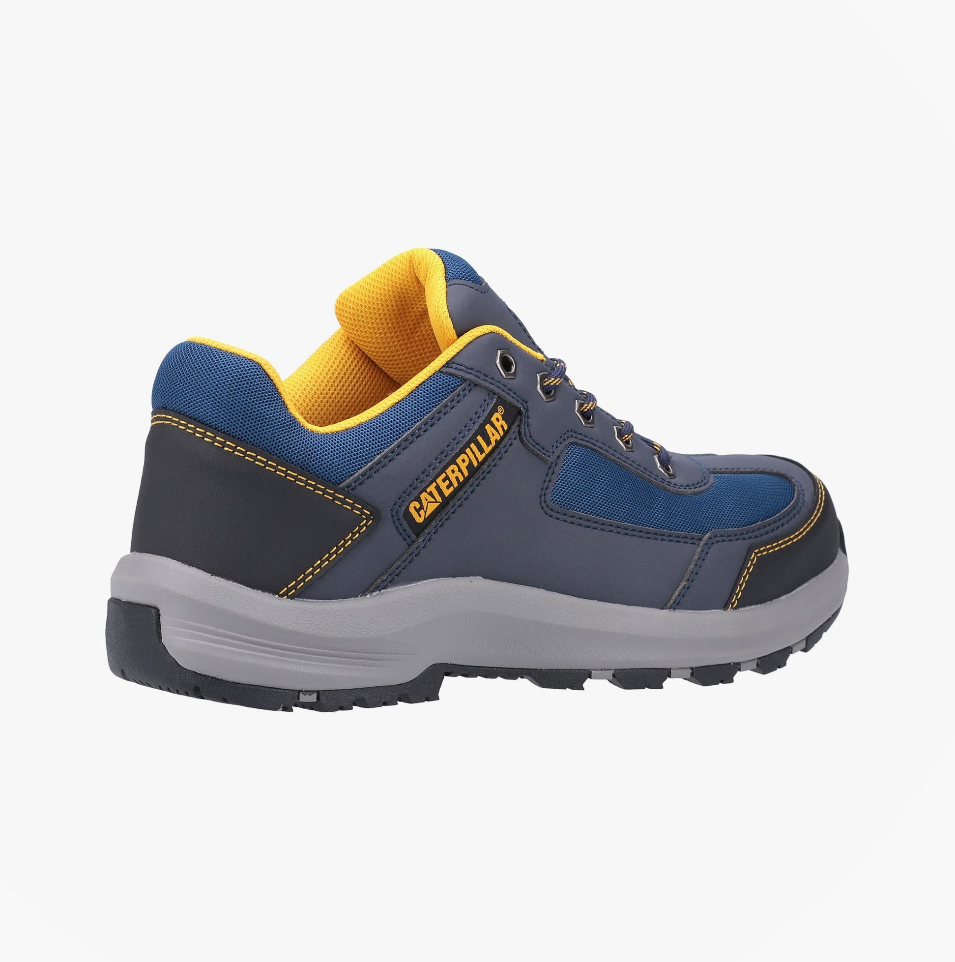 CAT ELMORE Mens Safety Trainers Trainers Navy side view featuring lightweight design, slip-resistant sole, and safety features.