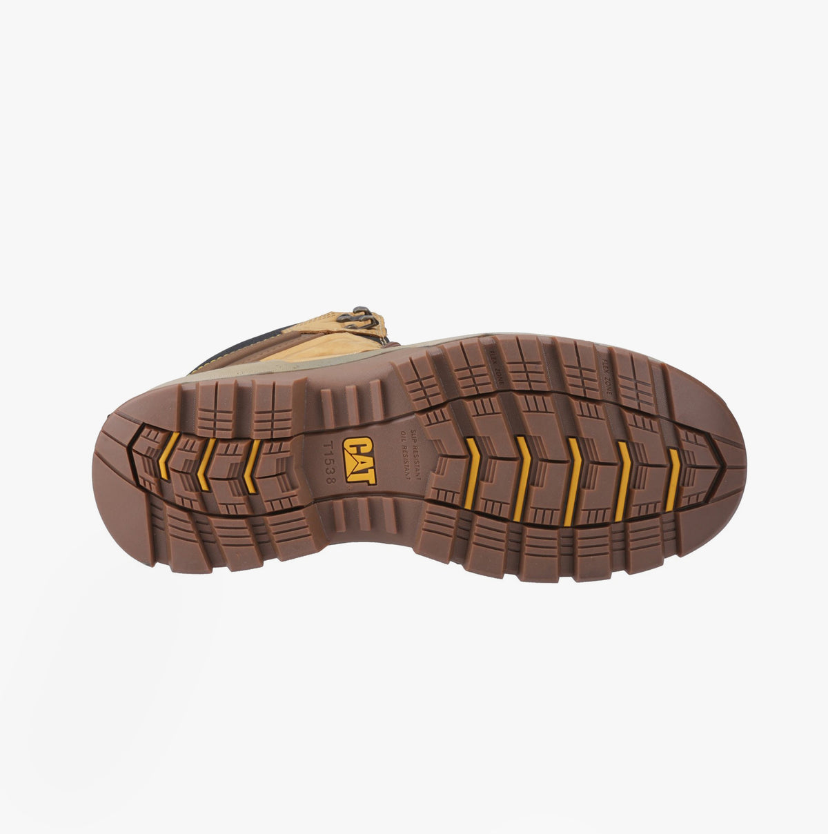 CAT STRIVER XL 6 Mens Hiker Safety Boots Honey bottom sole view showcasing traction and rubber material.