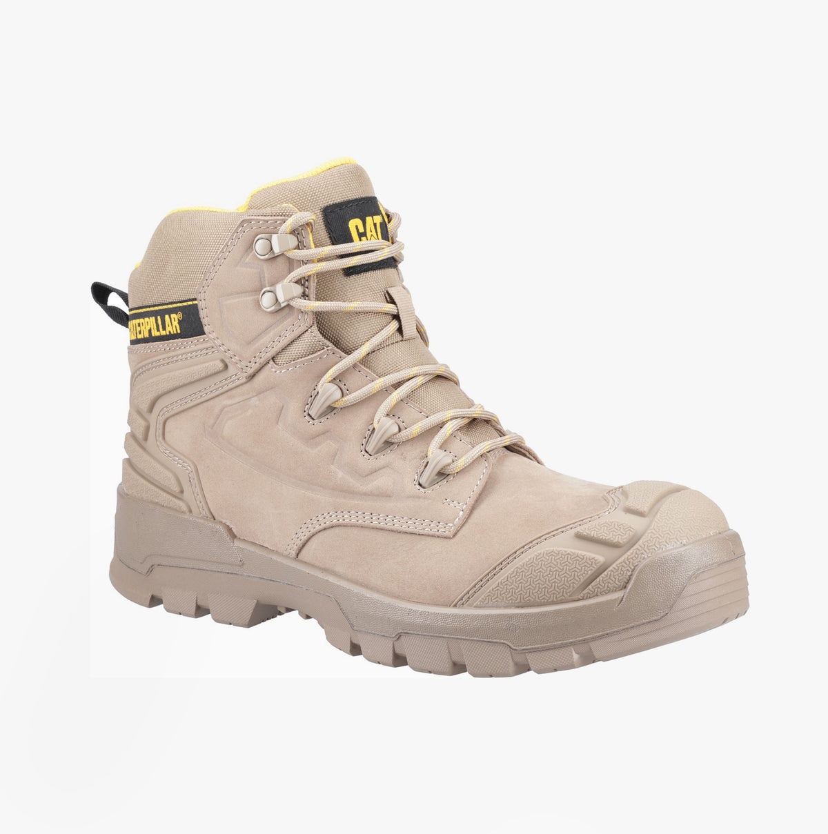 CAT STRIVER XL 6 Mens Hiker Safety Boots Grey/Yellow side view showing leather upper and lace-up closure.