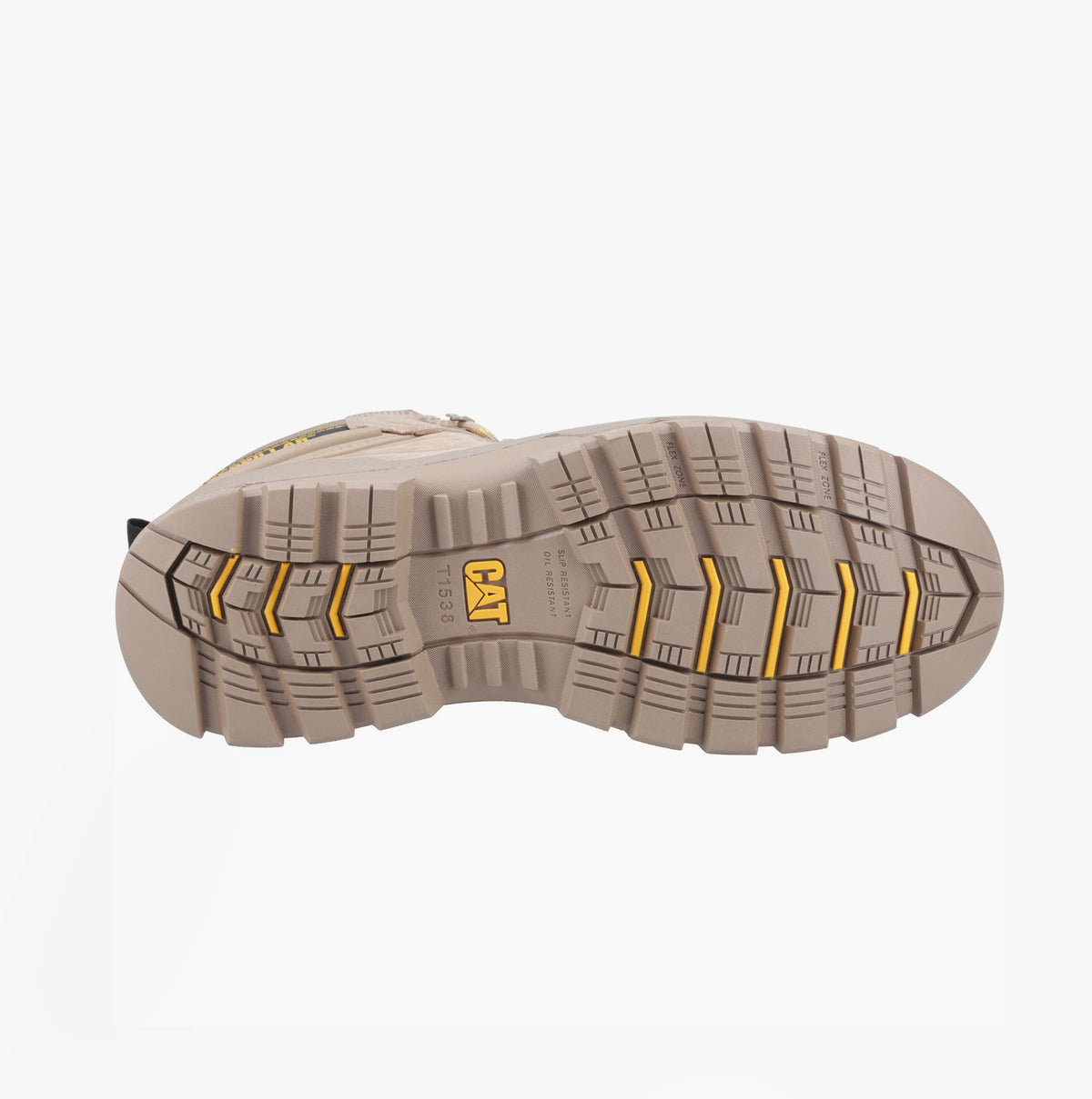 CAT STRIVER XL 6 Mens Hiker Safety Boots Grey/Yellow bottom view showcasing rubber sole with grip patterns.