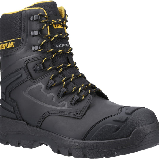 CAT STRIVER XL 8 Mens Hiker Safety Boots Black/Yellow side view with lace-up closure and rugged rubber sole.