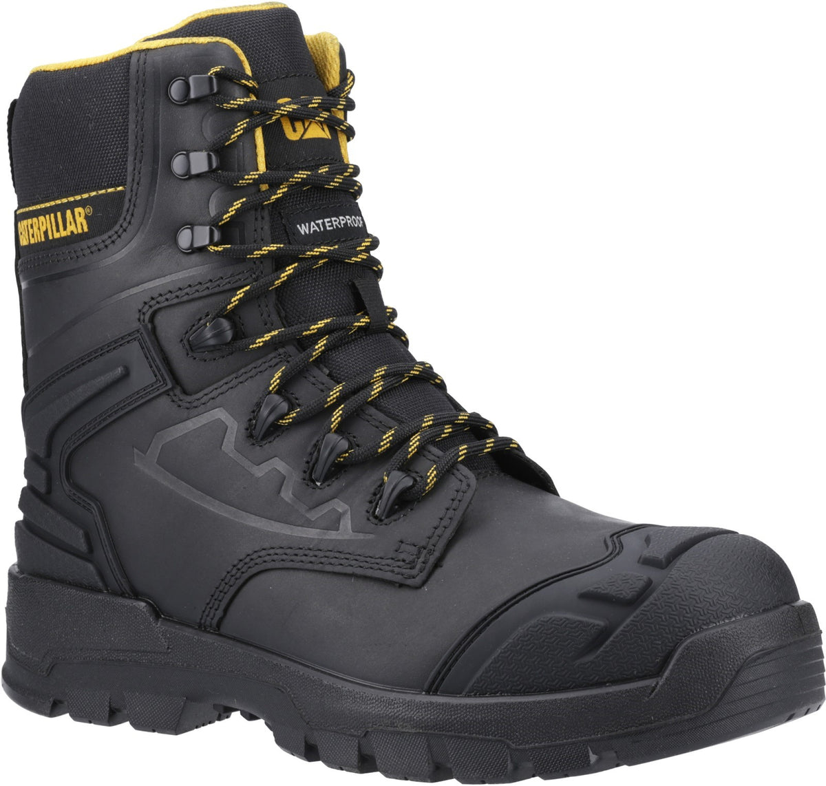 CAT STRIVER XL 8 Mens Hiker Safety Boots Black/Yellow side view with lace-up closure and rugged rubber sole.