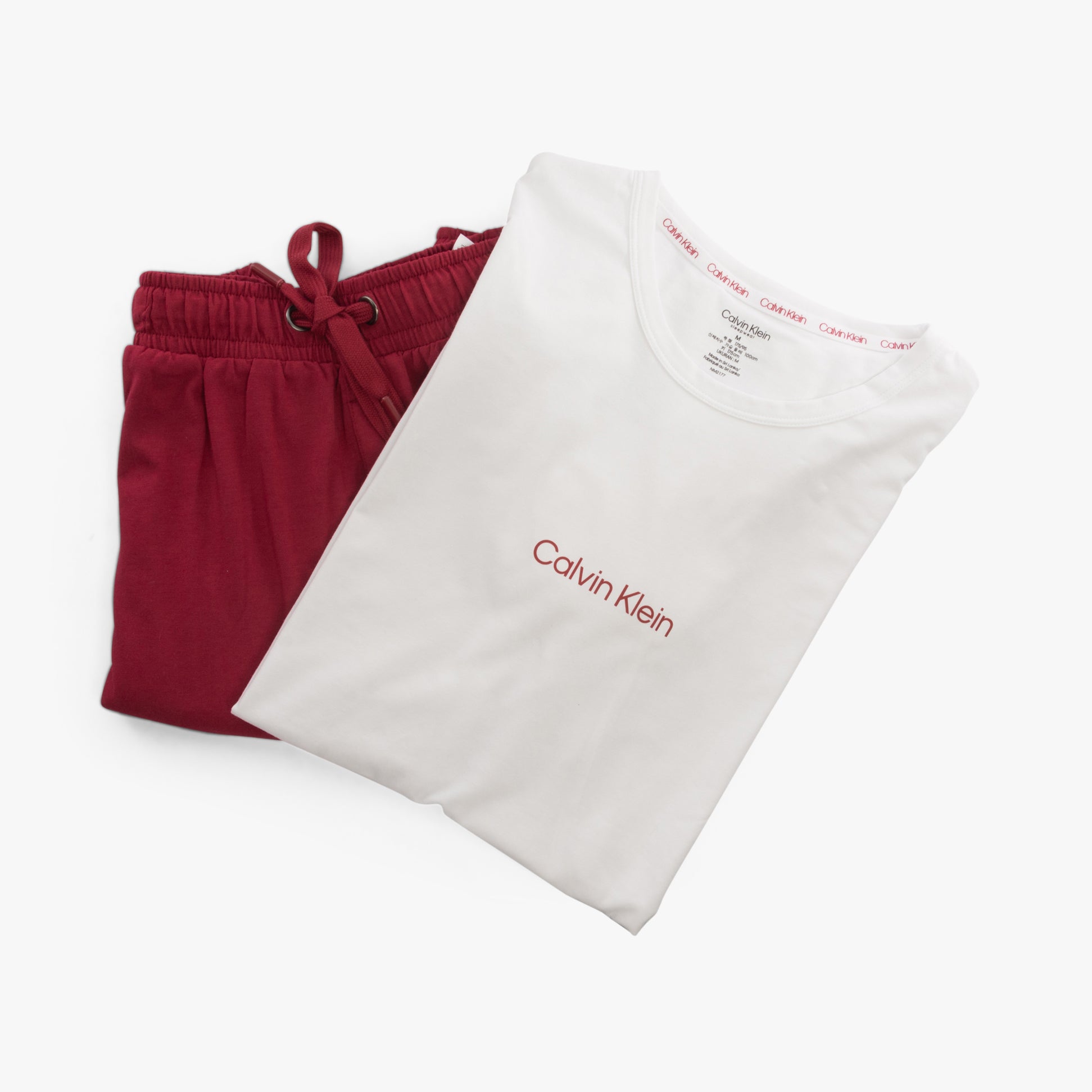 Calvin Klein MODERN STRUCTURE Pyjama Short Set Mens Multicoloured front view showing white t-shirt and red shorts.