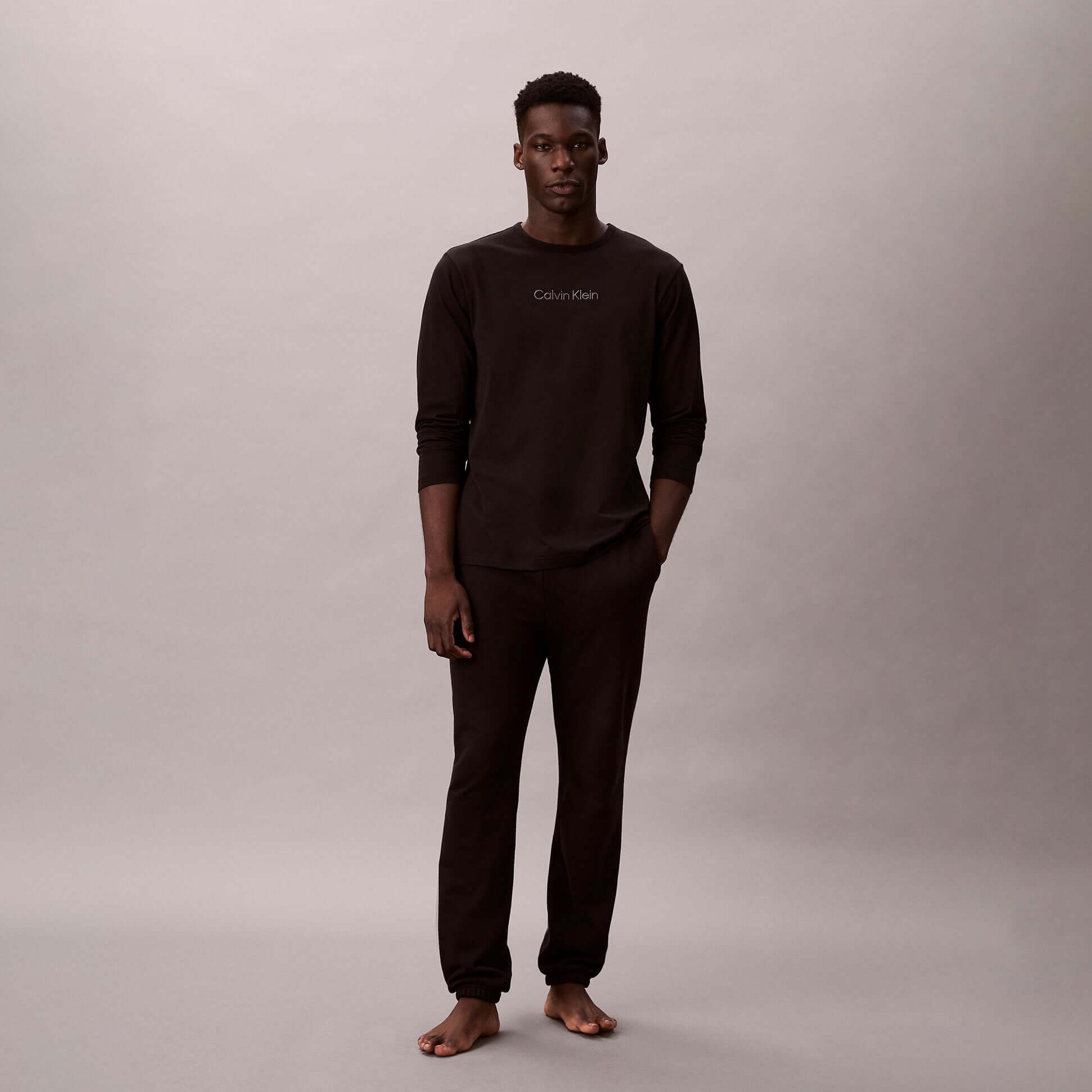 Calvin Klein LS TEE JOGGER SET Mens Multicoloured front view model wearing black long-sleeve tee and joggers