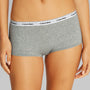 Calvin Klein ICON LOGO 3 Pack Womens Hipster Panties Black/White/Grey Heather front view showing grey hipster shorts with CK waistband