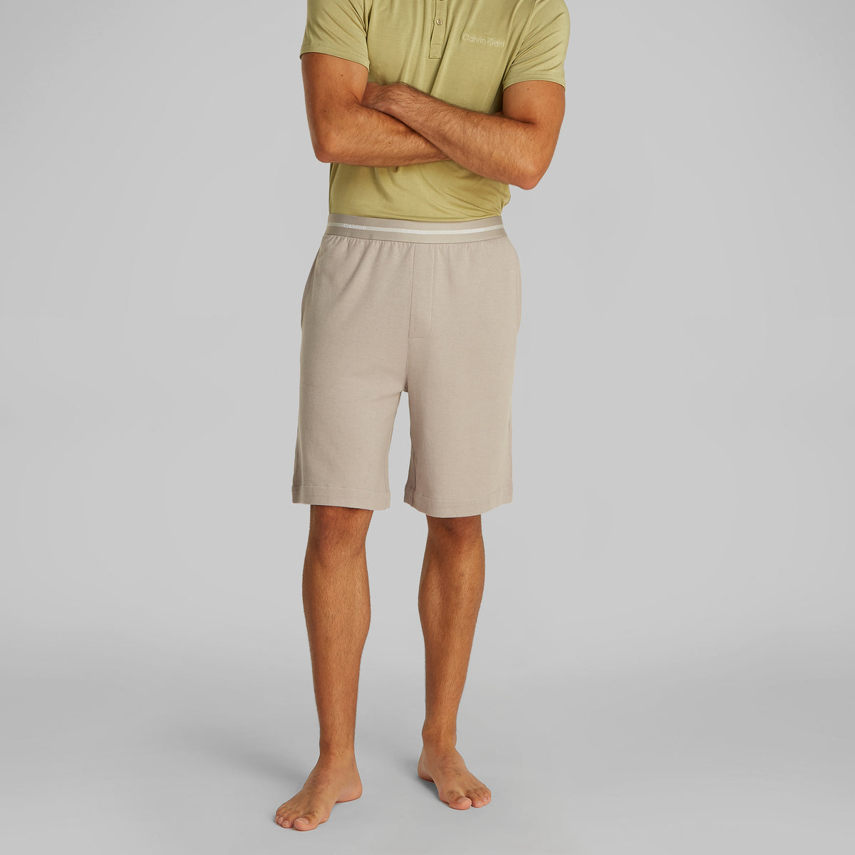 Calvin Klein MODERN TERRY Mens Lounge Shorts Ash front view, showcasing comfort material and elastic waistband.